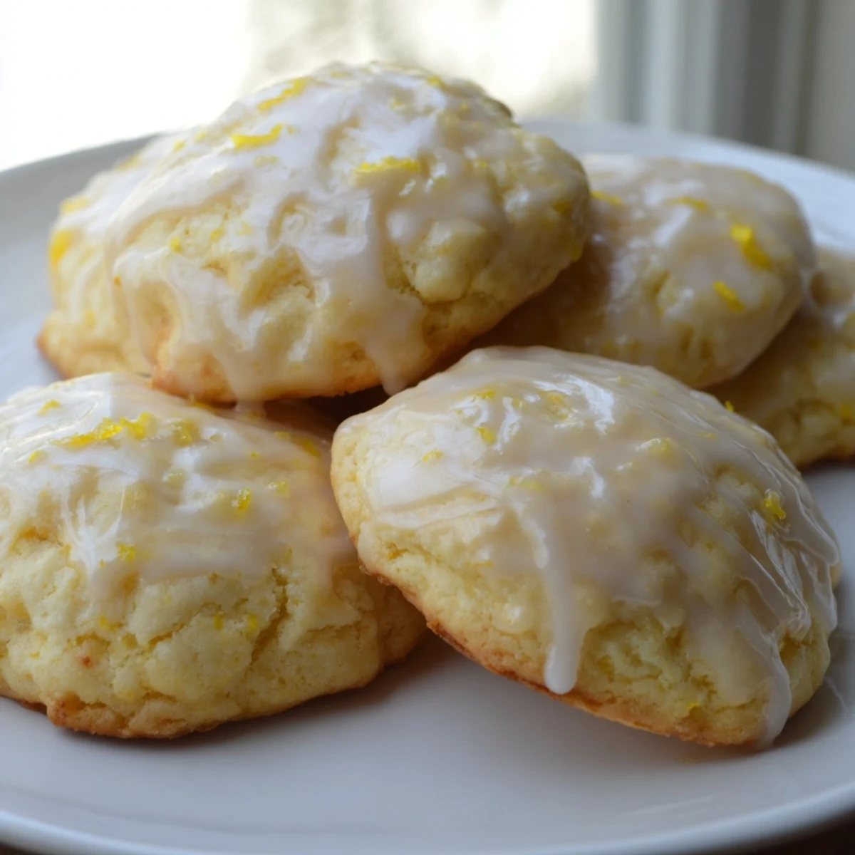 A platter of Lemon Ricotta Cookies with Glaze is arranged with a cup of tea for a bright afternoon dessert serving.