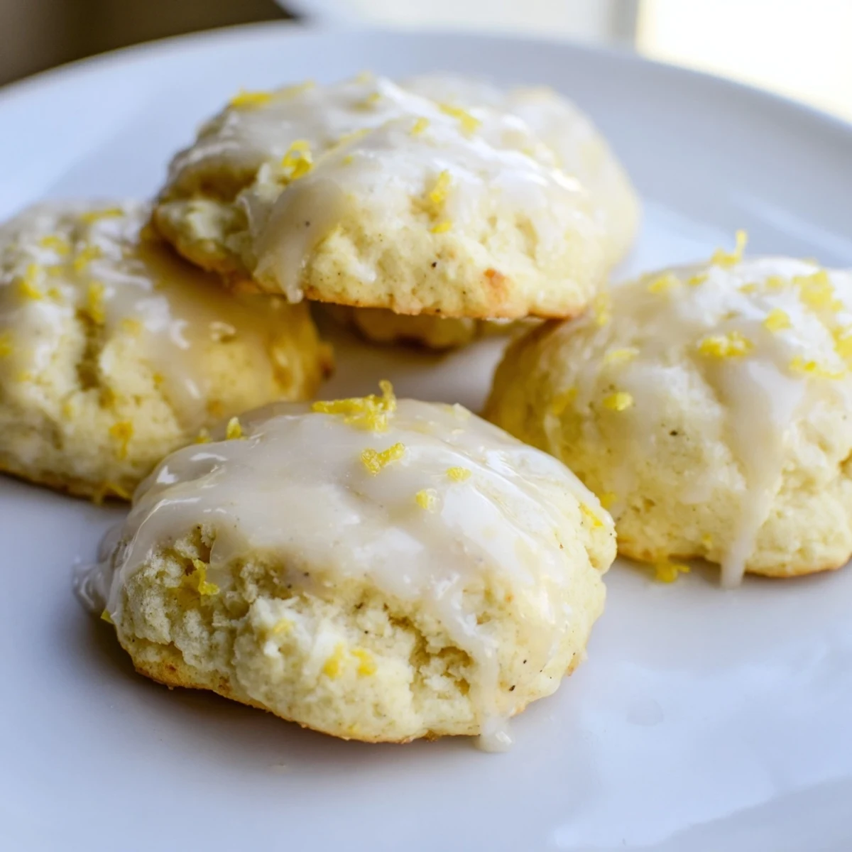 Close-up of Lemon Ricotta Cookies with Glaze showing tender crumb, lemon zest specks, and sweet glaze dripping down the sides.