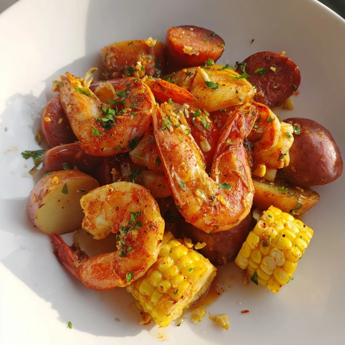 Sizzling Cajun Shrimp Boil with Corn and Potatoes steaming on newspaper, served with lemon wedges and melted butter for a festive Southern gathering.