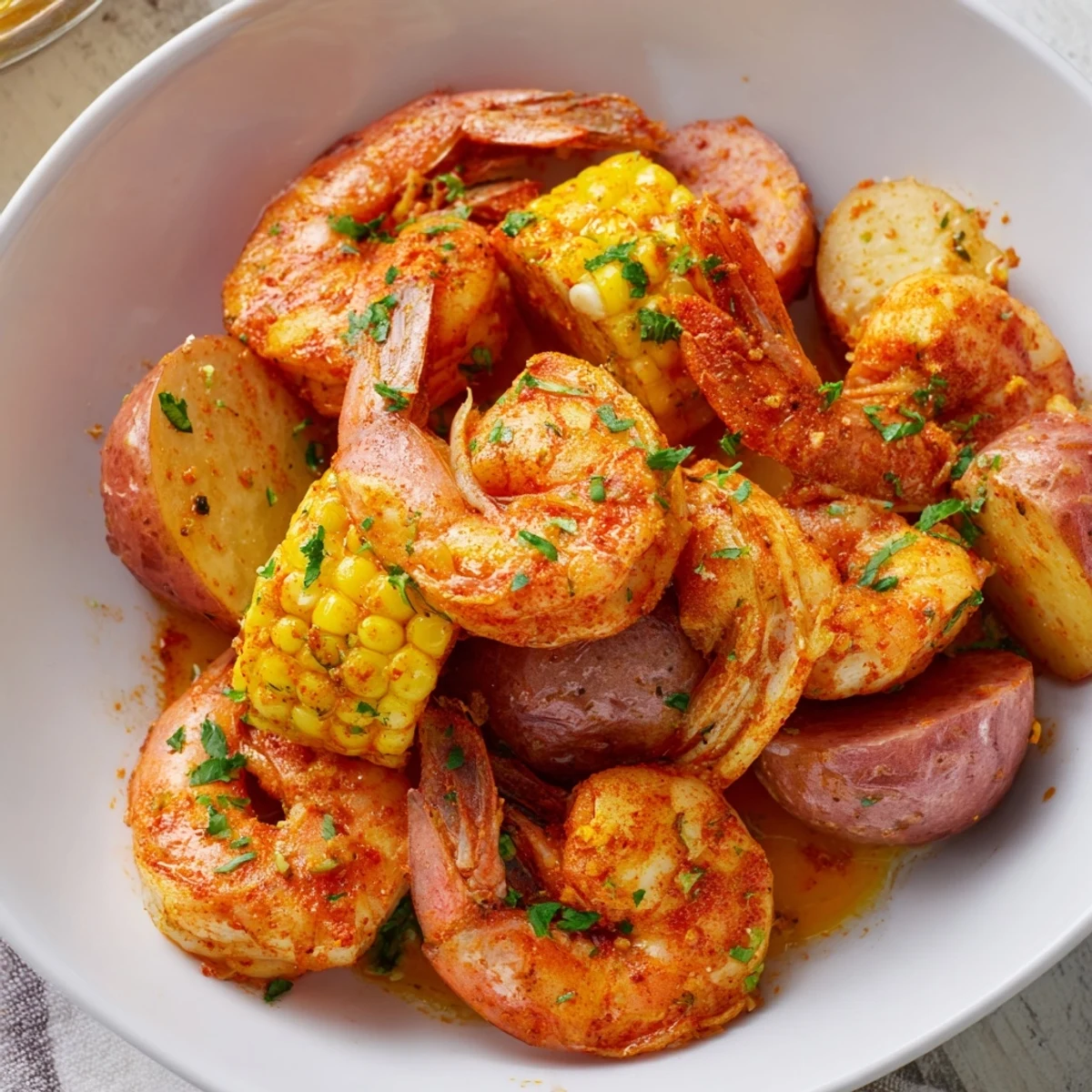 A close-up of Cajun Shrimp Boil with Corn and Potatoes on a platter, with red potatoes, sweet corn, and smoky Andouille sausage coated in spicy seasoning.