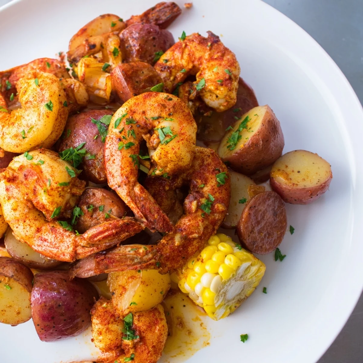 A rustic wooden table displays Cajun Shrimp Boil with Corn and Potatoes, featuring succulent shrimp, tender potatoes, and bright corn ready to share.