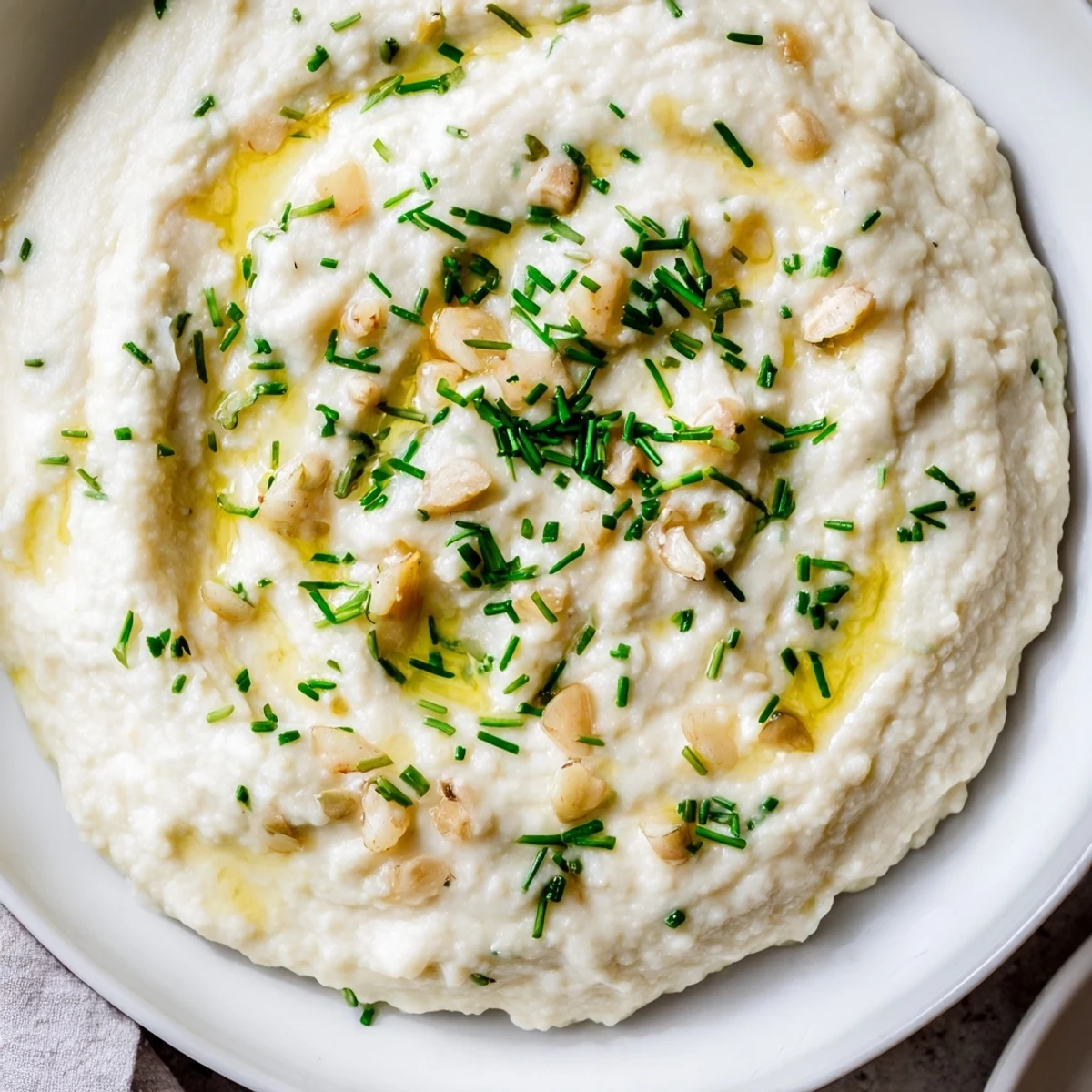 Roasted Garlic Mashed Cauliflower with Chives served as a creamy low-carb side.