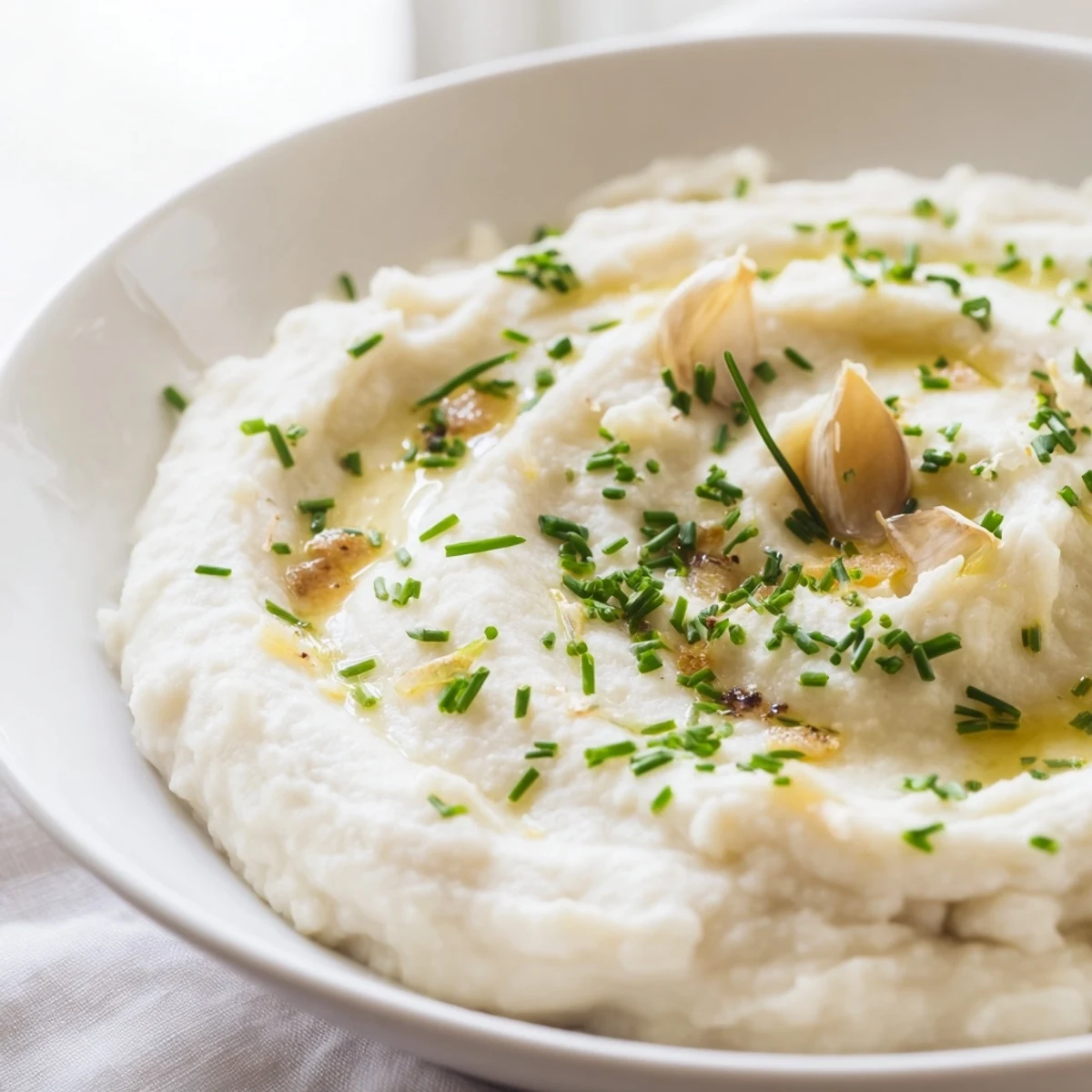 Golden mashed cauliflower with roasted garlic and fresh chives in a rustic bowl.