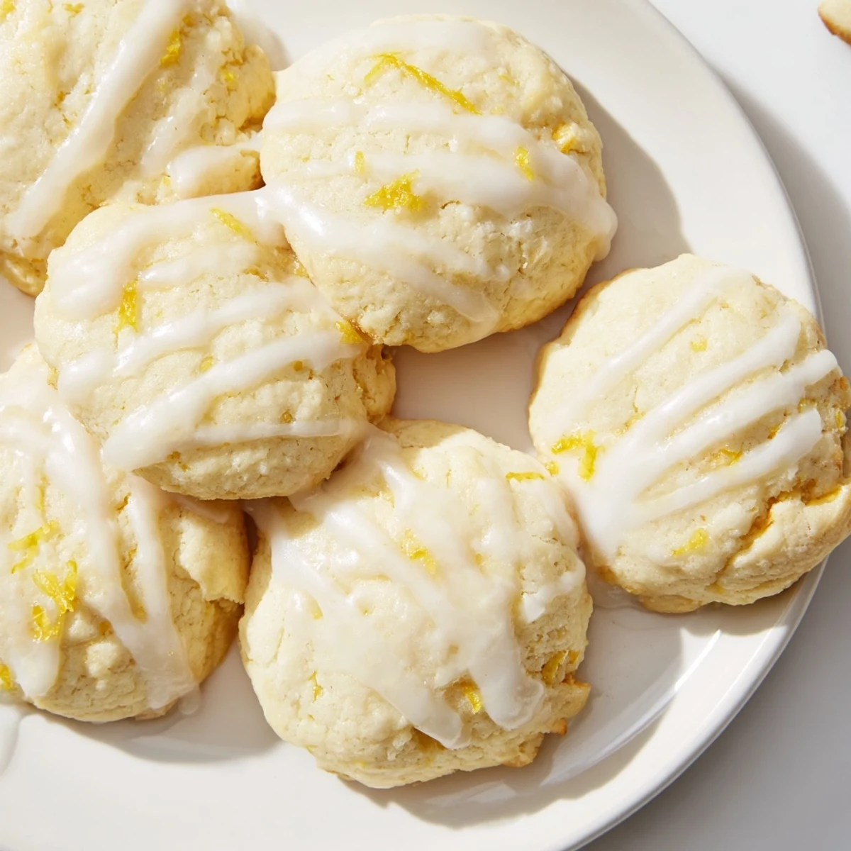 Close-up of pillowy Lemon Ricotta Cookies showing a moist crumb and a bright, zesty lemon glaze topping.