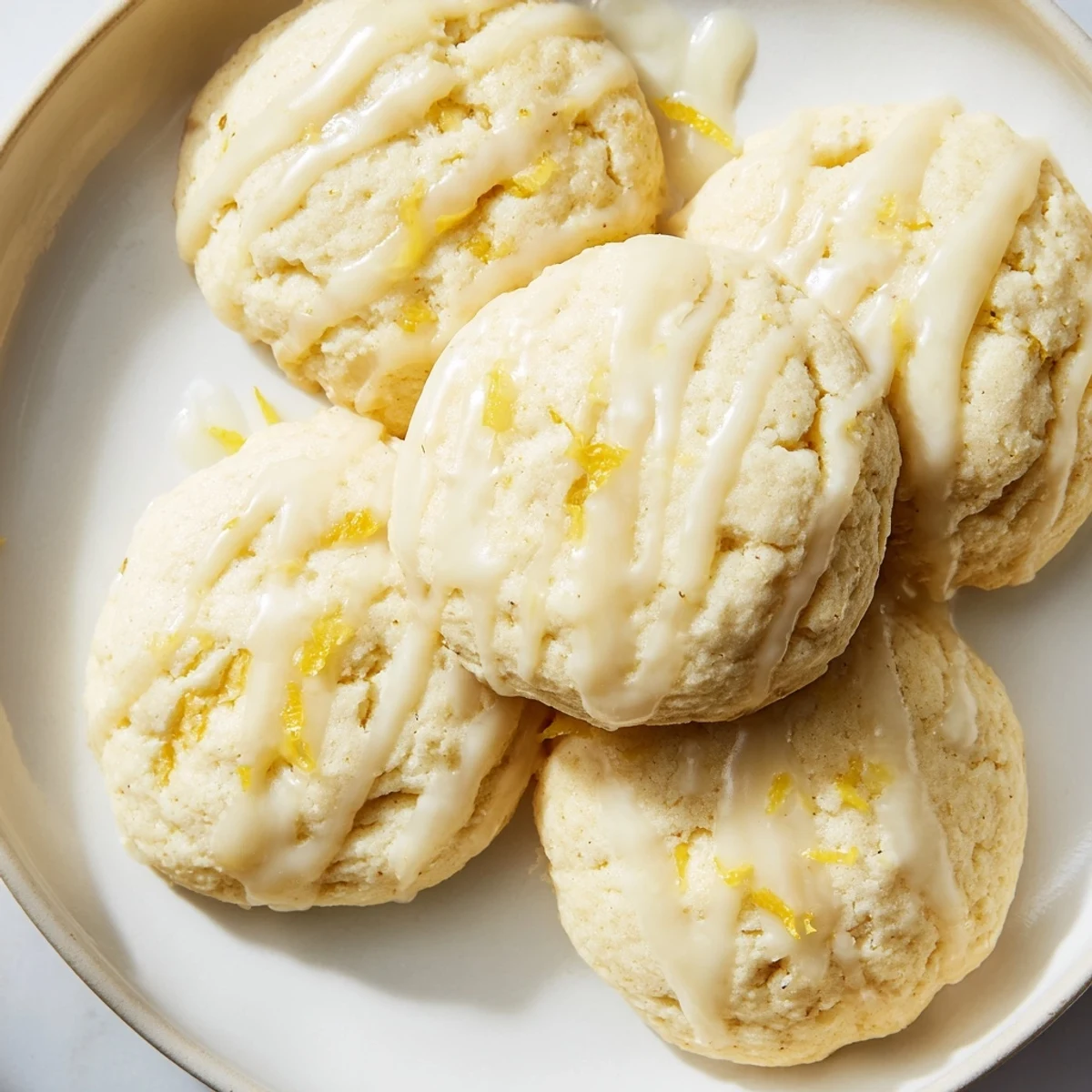 A plate of Lemon Ricotta Cookies garnished with lemon zest, ready to serve for an afternoon tea party.