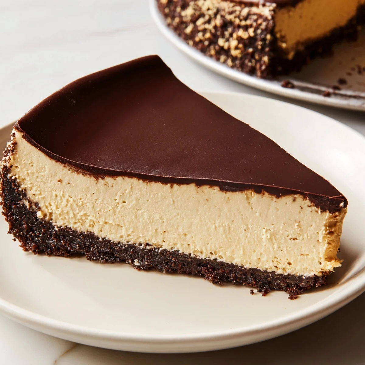 Golden-brown crust of an Irish Cream Cheesecake with Chocolate Ganache, revealing layers beside a cup of coffee for serving.