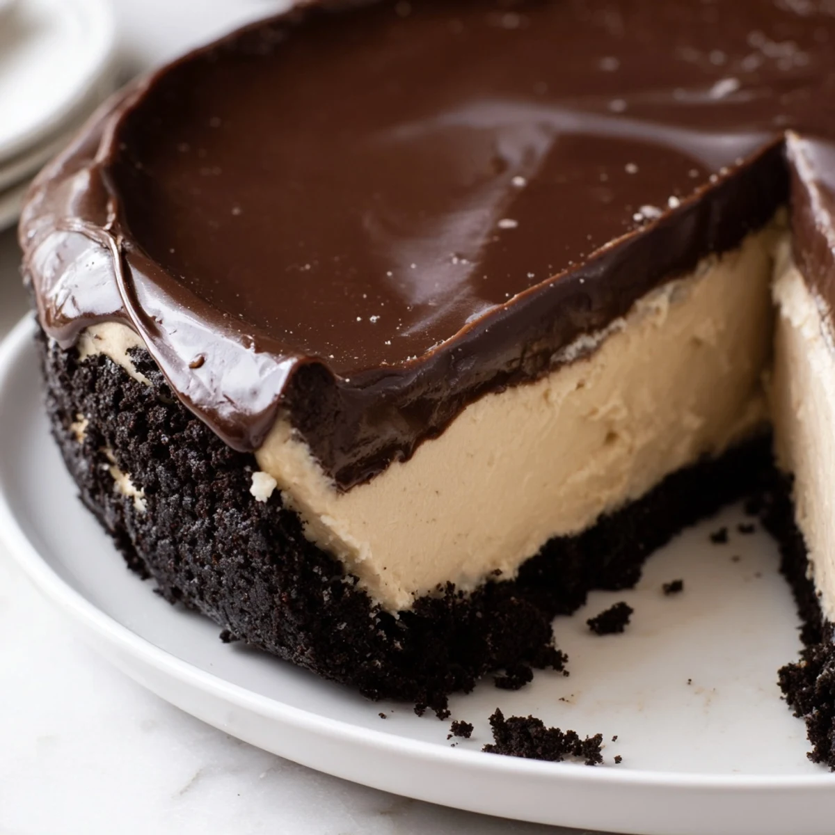 Close-up of Irish Cream Cheesecake with Chocolate Ganache, highlighting velvety texture and rich chocolate on a rustic dessert table.