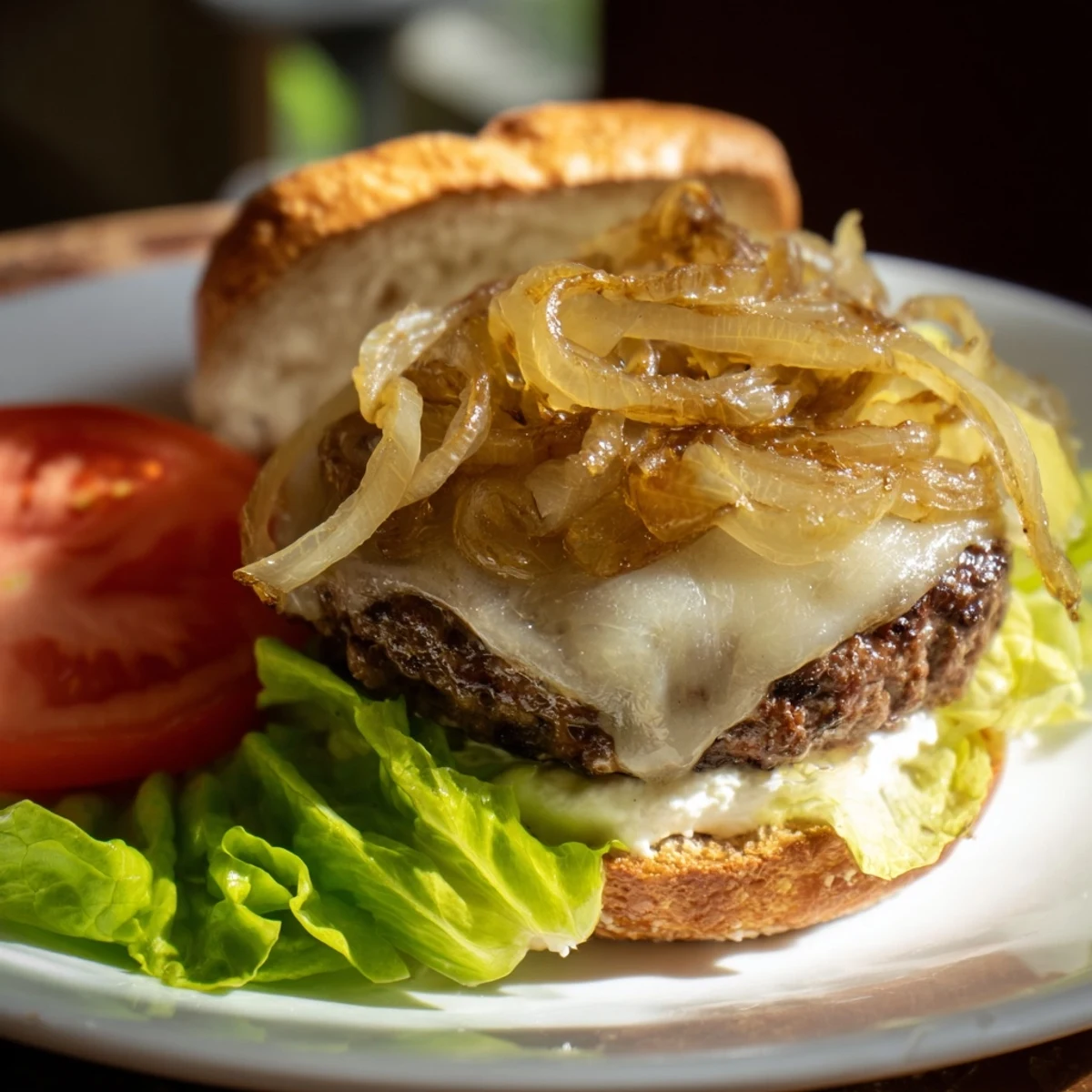 A close-up of a juicy beef burger with caramelized onions and Swiss cheese on a toasted bun.