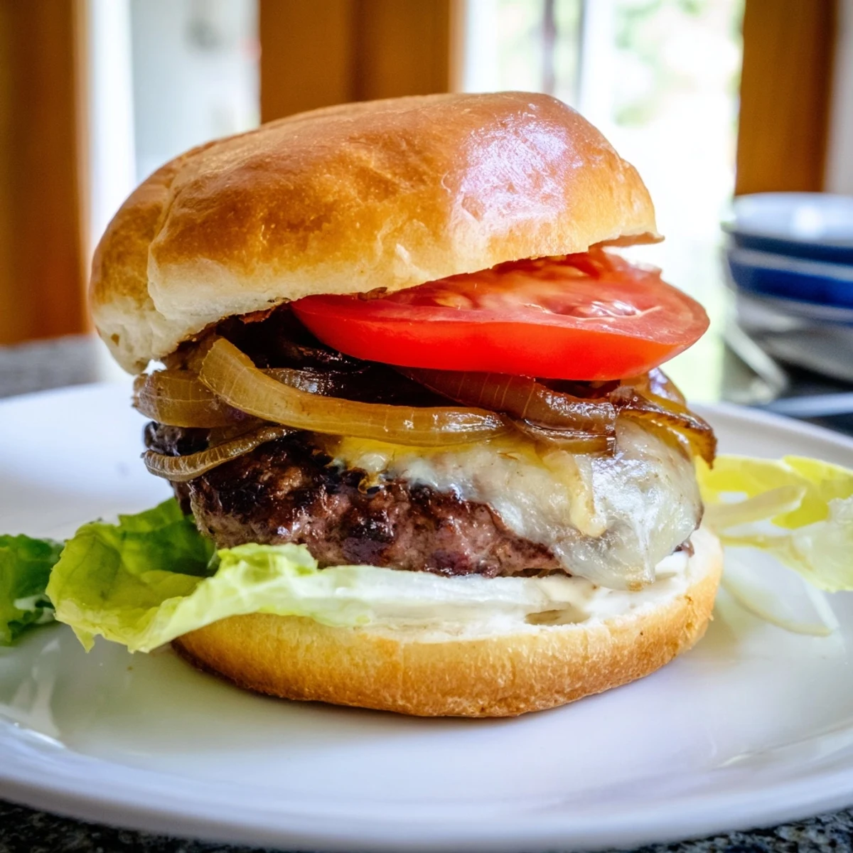 A delicious beef burger topped with sweet caramelized onions and melted Swiss cheese on a plate.