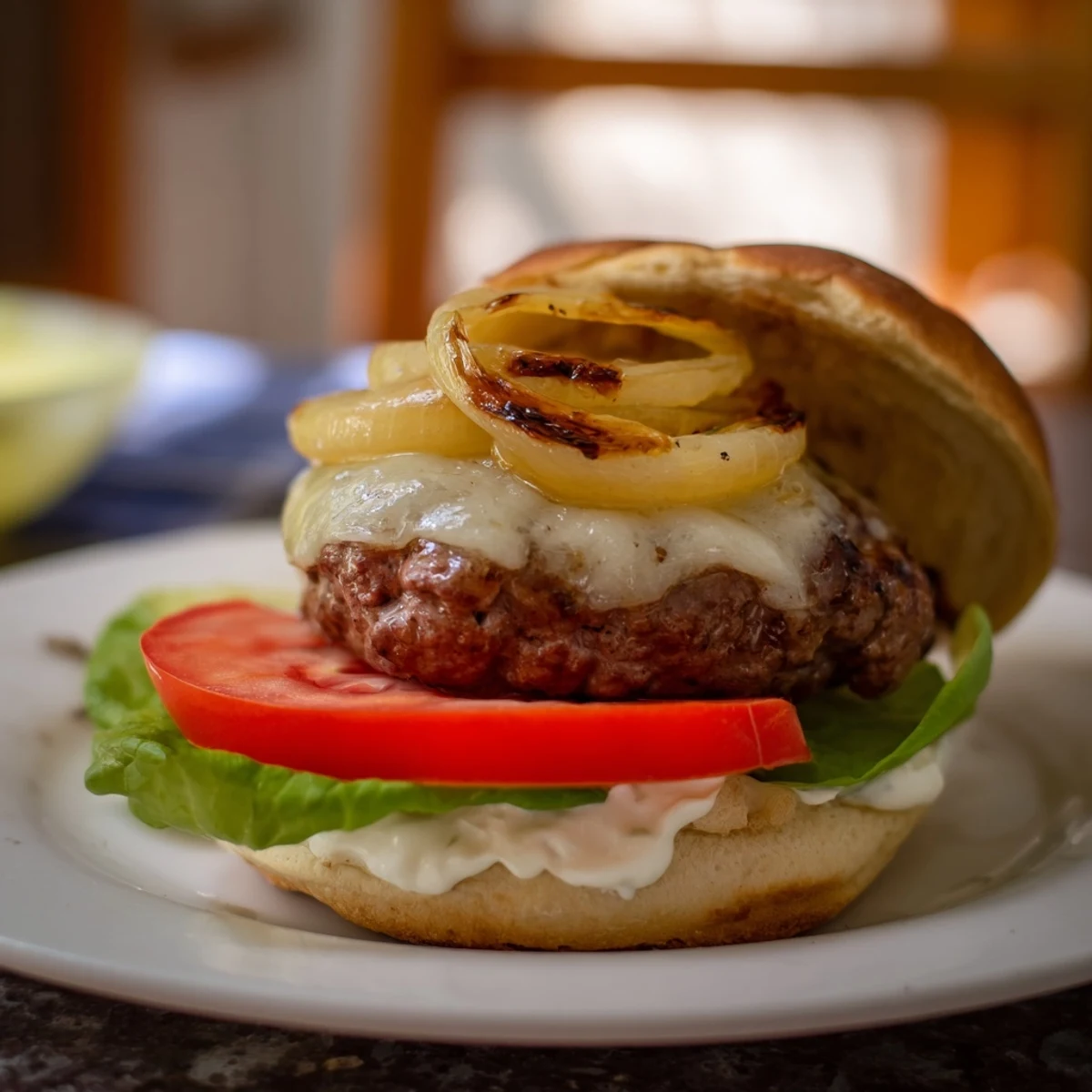 A classic beef burger featuring caramelized onions and Swiss cheese served with lettuce and tomato.