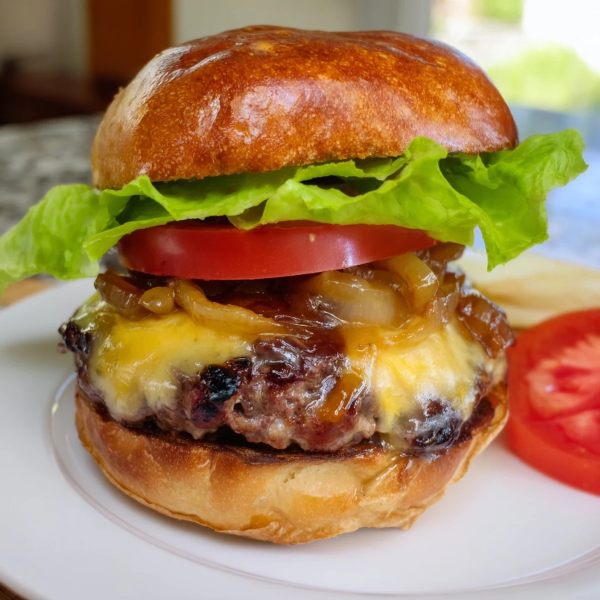 Juicy Beef Burger with Caramelized Onions and Swiss cheese on a toasted brioche bun, served with pickles.