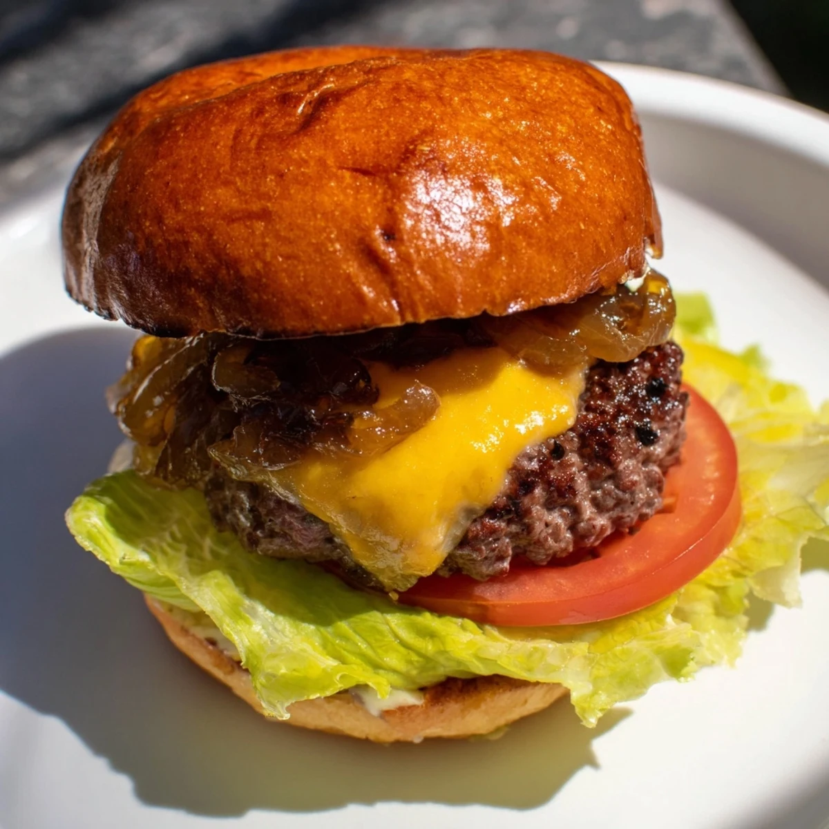 Beef Burger with Caramelized Onions and Swiss rests on a plate, melted cheese dripping beside crisp lettuce.