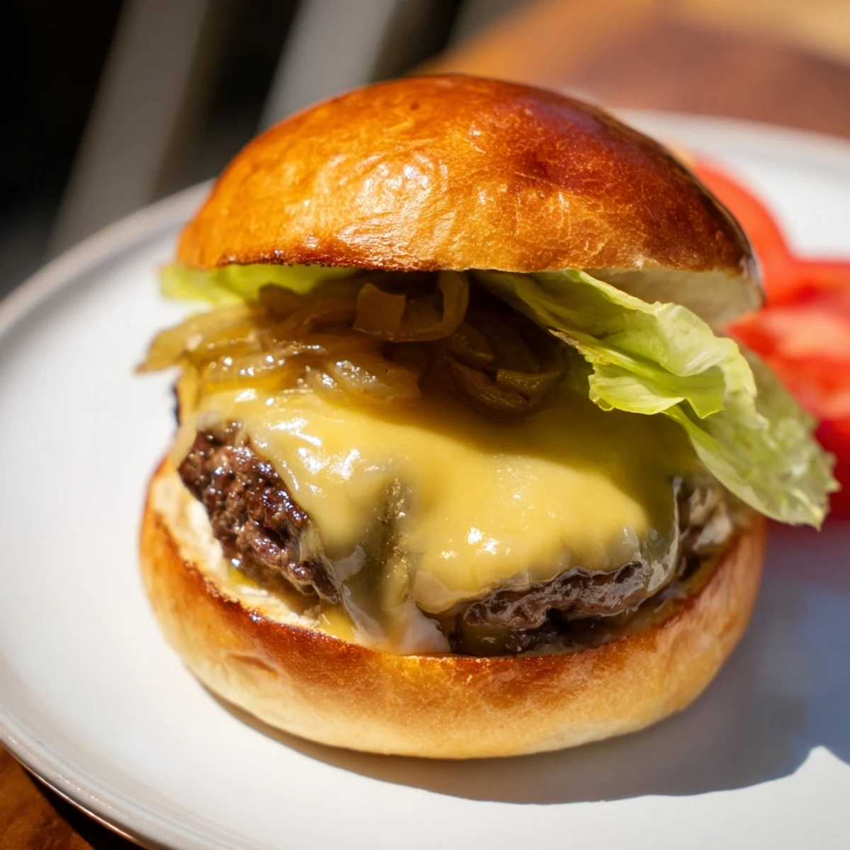 Gourmet Beef Burger with Caramelized Onions and Swiss paired with sweet potato fries, ready to serve hot.