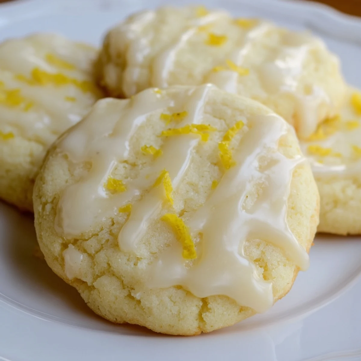 A platter of soft Lemon Ricotta Cookies with Lemon Glaze is paired with a steaming cup of tea for an afternoon treat.