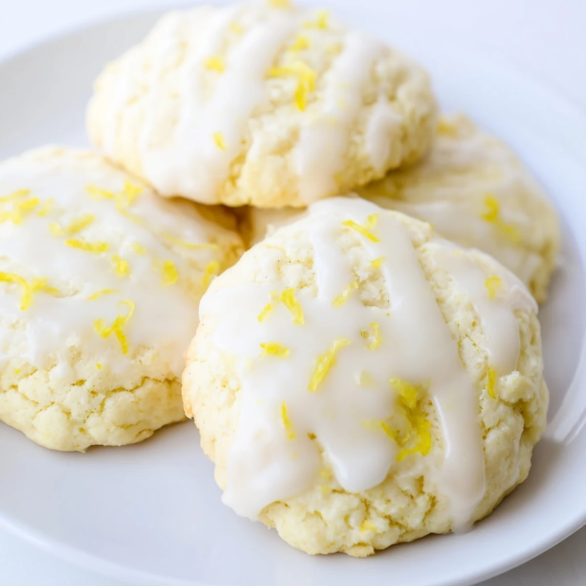 Close-up of pillowy Lemon Ricotta Cookies with Lemon Glaze showing moist crumbs and a generous drizzle of citrusy icing.