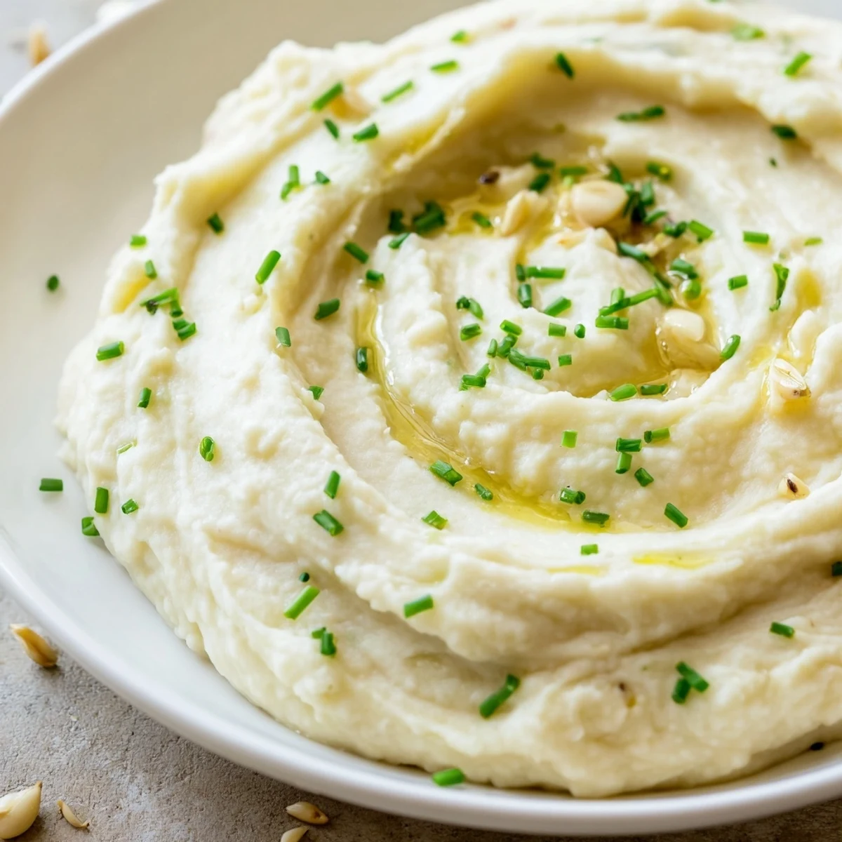 Roasted Garlic Mashed Cauliflower with Chives served steaming hot alongside a golden roast chicken.