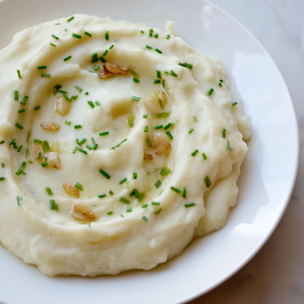 A rustic wooden table holds a bowl of creamy Roasted Garlic Mashed Cauliflower with Chives garnished.