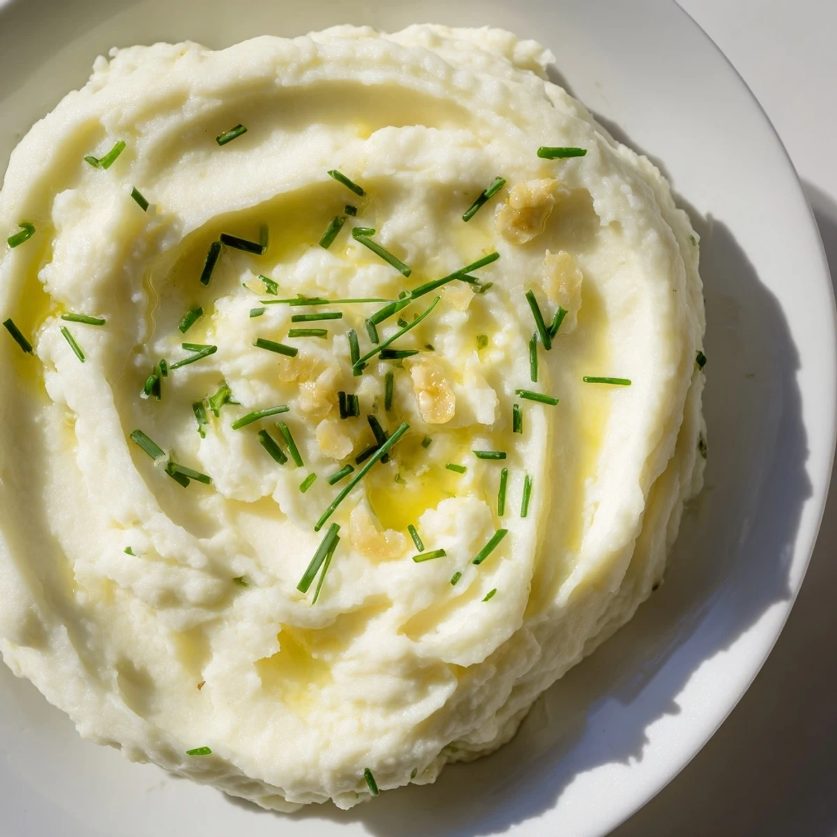 Close-up of fluffy Roasted Garlic Mashed Cauliflower with Chives texture highlighting chopped fresh herbs on top.