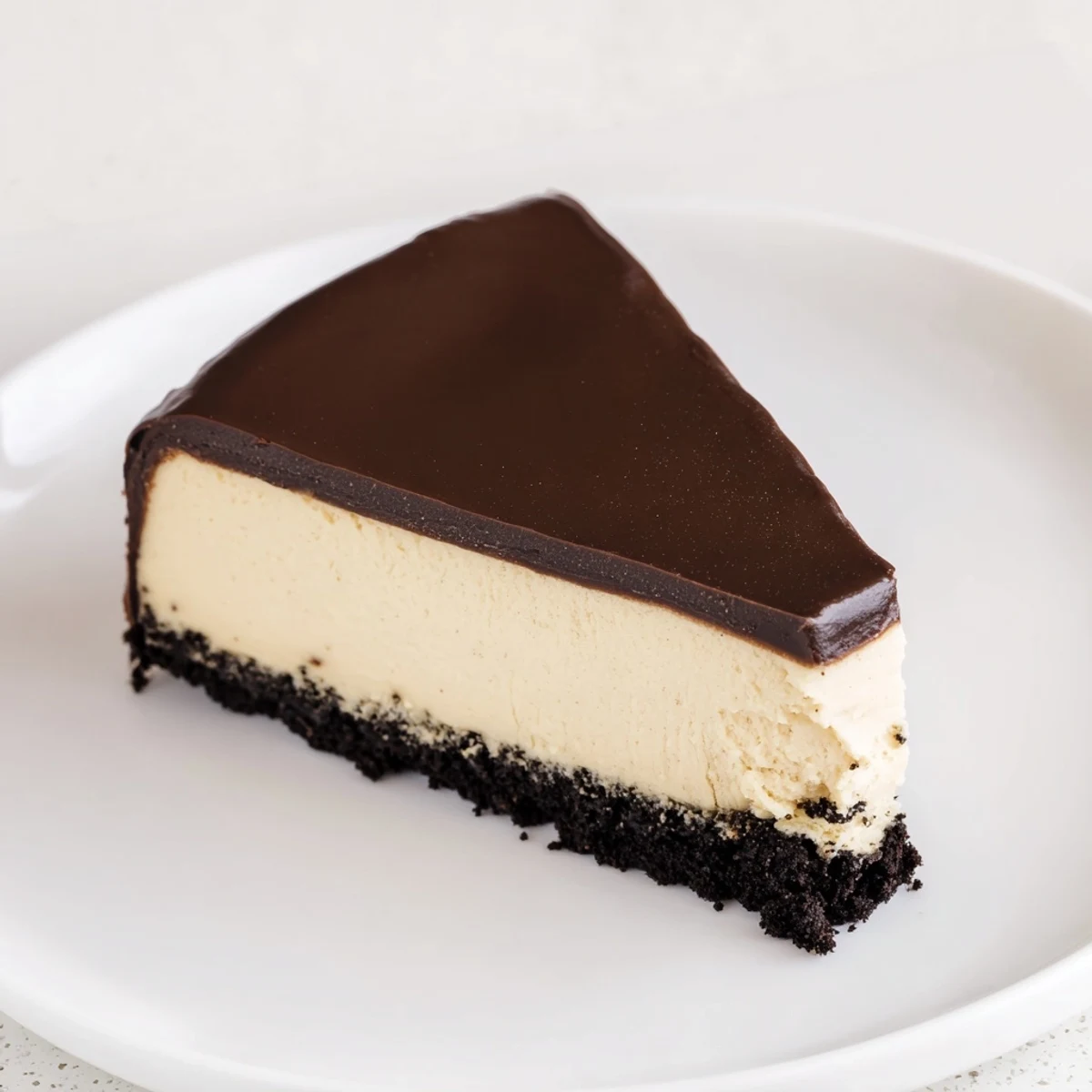 Freshly baked Irish Cream Cheesecake with Chocolate Ganache in a springform pan with smooth ganache glaze and crumbly crust.
