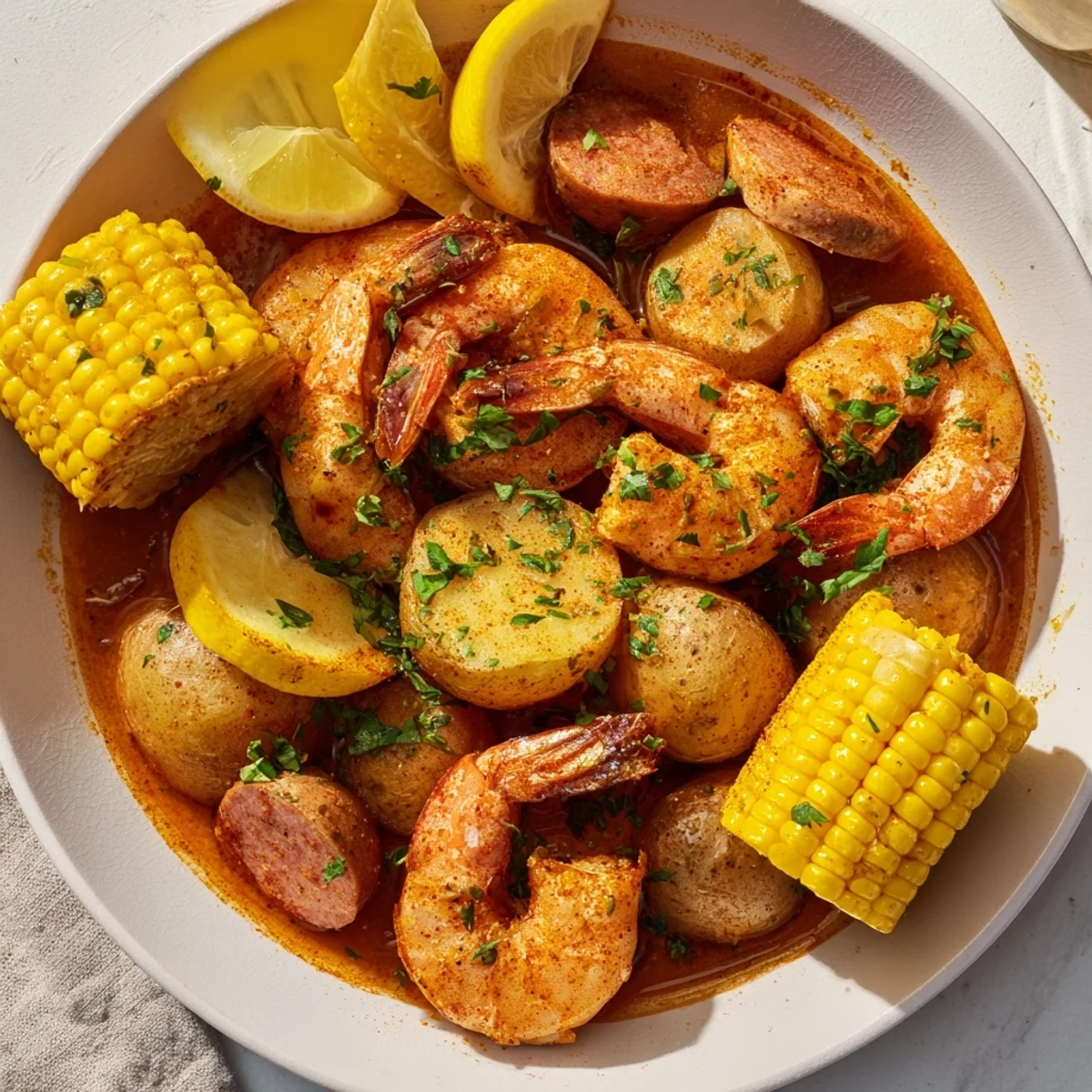 Golden-brown Andouille sausage and pink shrimp nestle among halved baby potatoes and bright yellow corn cobs on a newspaper-lined table.