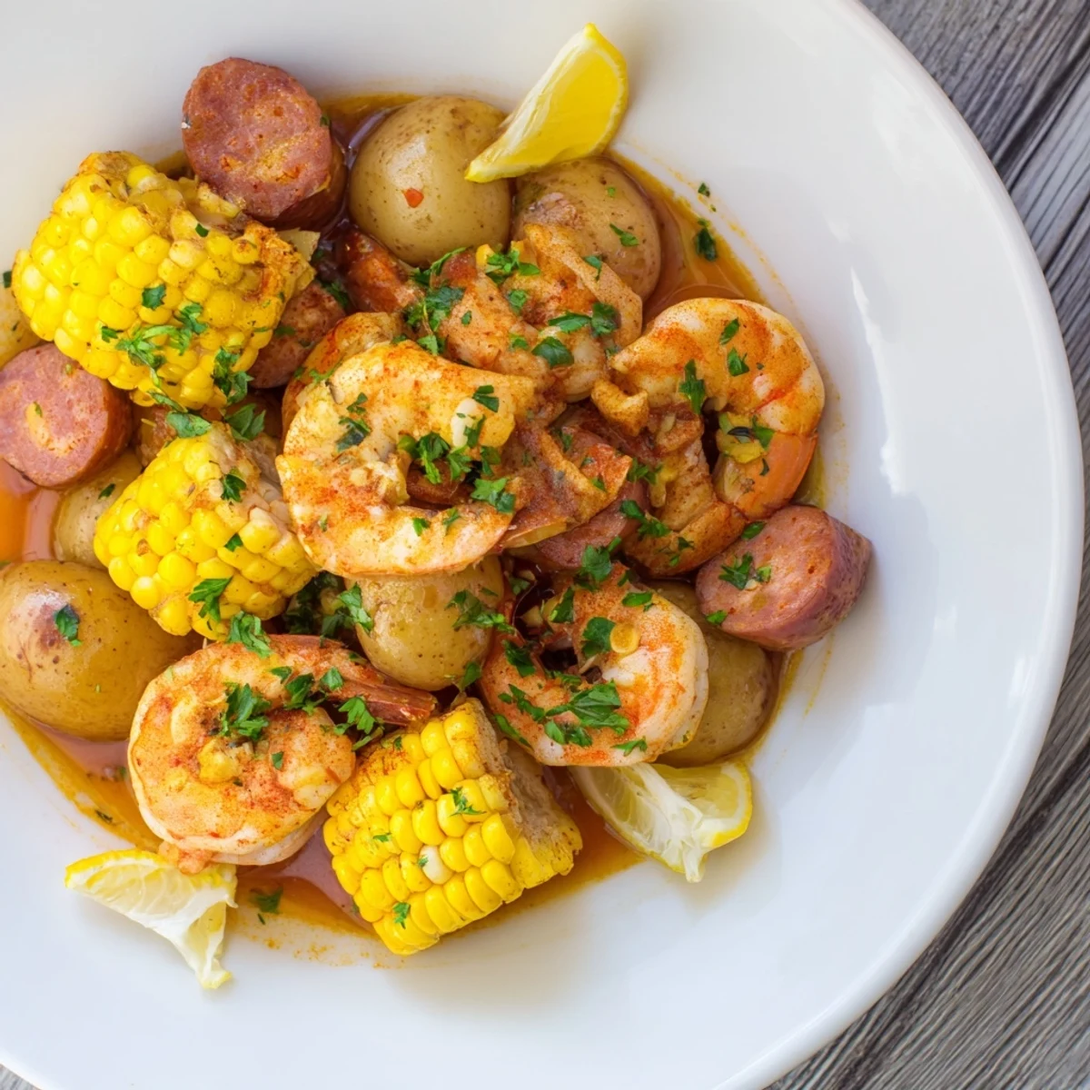 A family-style platter of Cajun Shrimp Boil with Corn and Potatoes, garnished with fresh parsley and lemon wedges for a zesty finish.