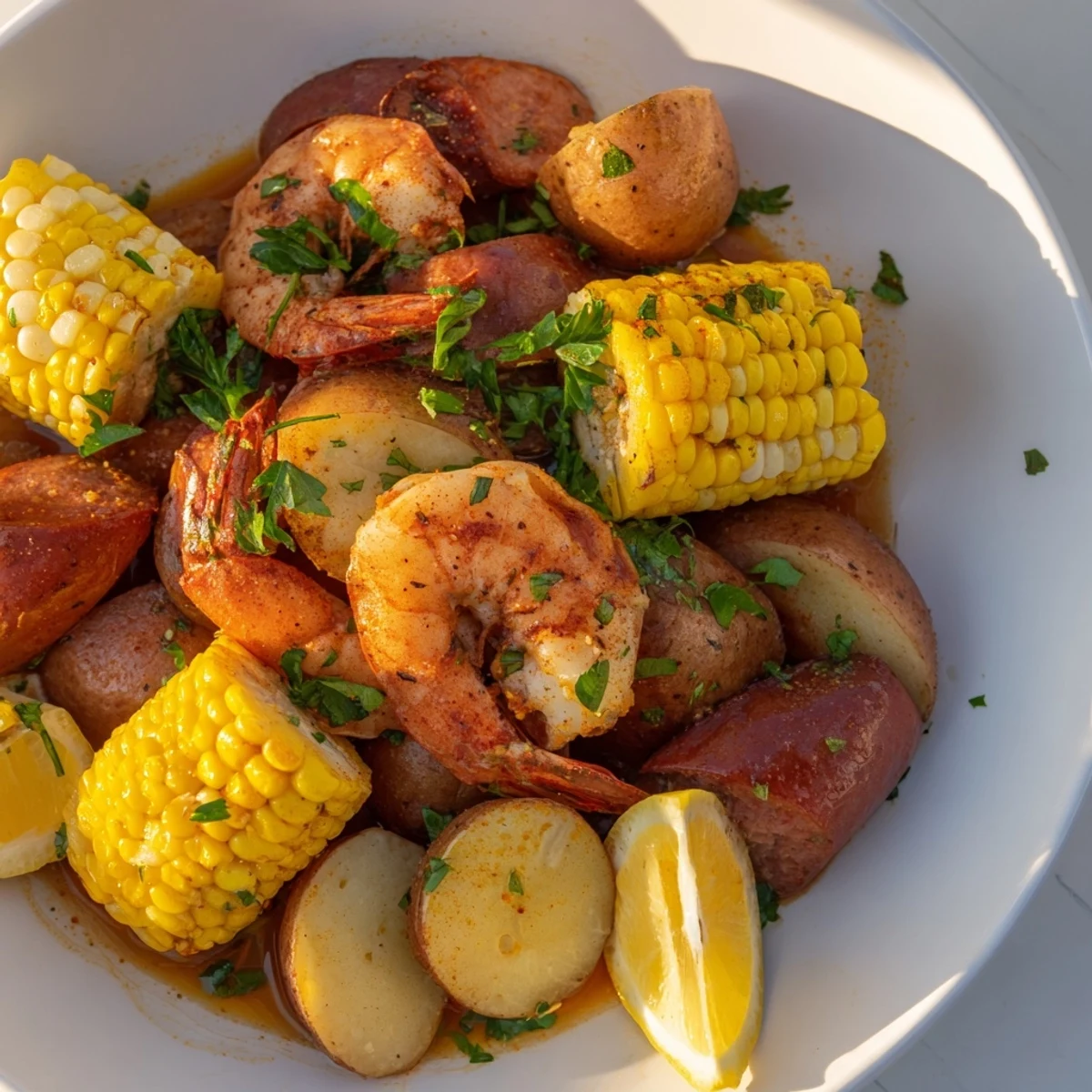 A close-up view of a steaming Cajun Shrimp Boil with Corn and Potatoes, featuring vibrant colors and a rustic serving style.