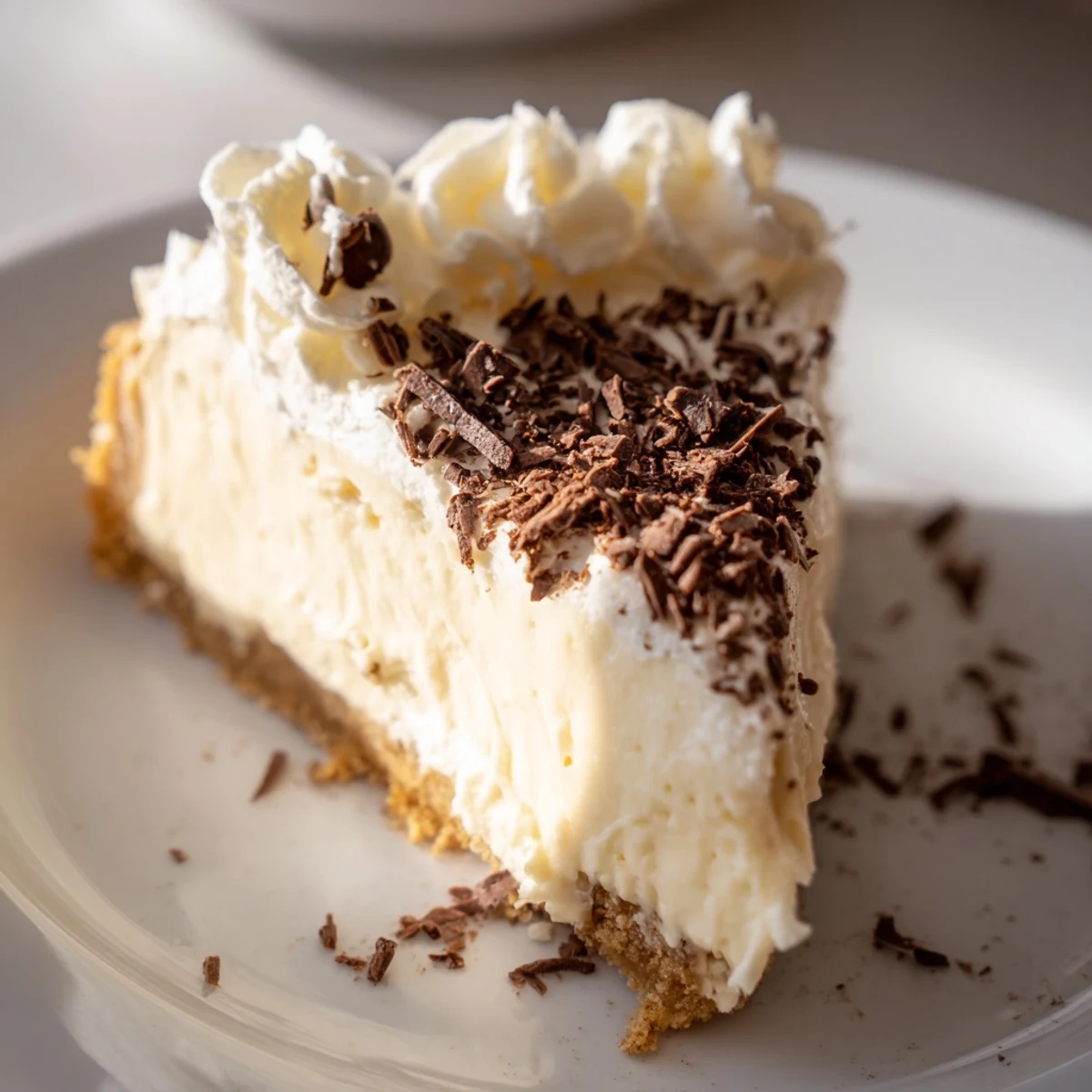 Rich and creamy Irish Cream Cheesecake resting on a buttery graham cracker crust, ready to serve with a dollop of fresh whipped cream and a chocolate drizzle.