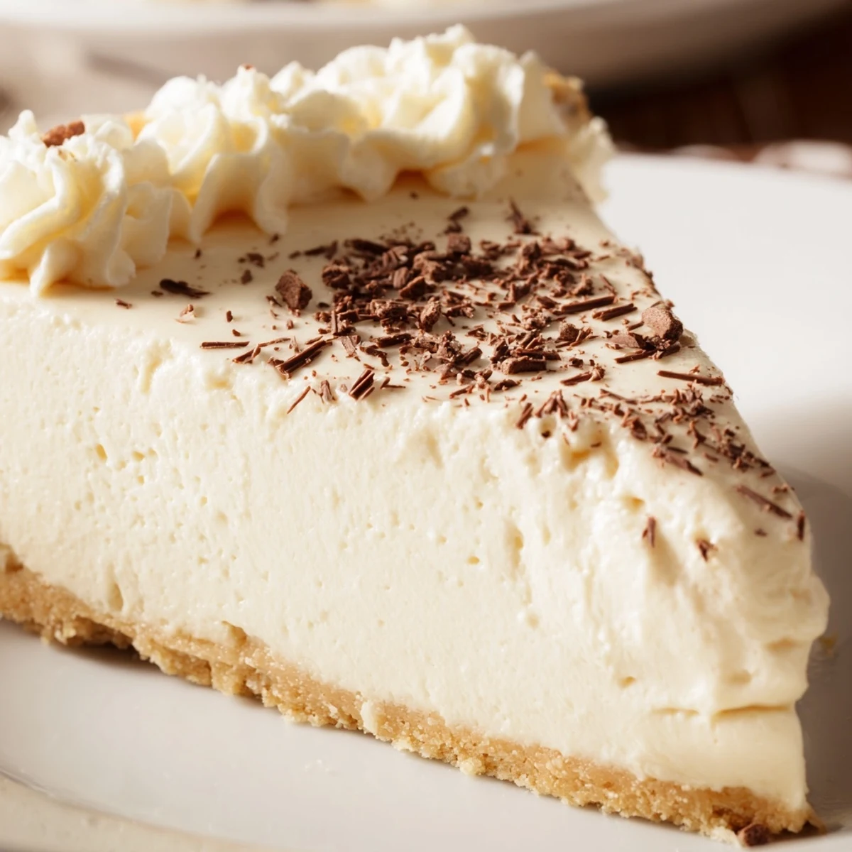 A slice of Irish Cream Cheesecake with a creamy, pale filling and a dark biscuit crust, topped with whipped cream and chocolate shavings on a white plate.