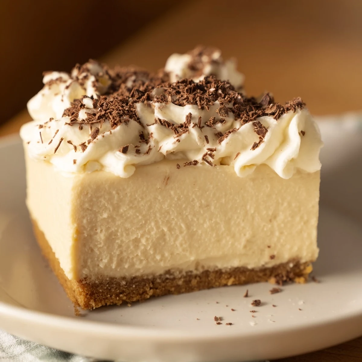 Decadent Irish Cream Cheesecake with smooth filling and crumbly base, garnished with cocoa powder and served on a rustic wooden board for a cozy dessert spread.