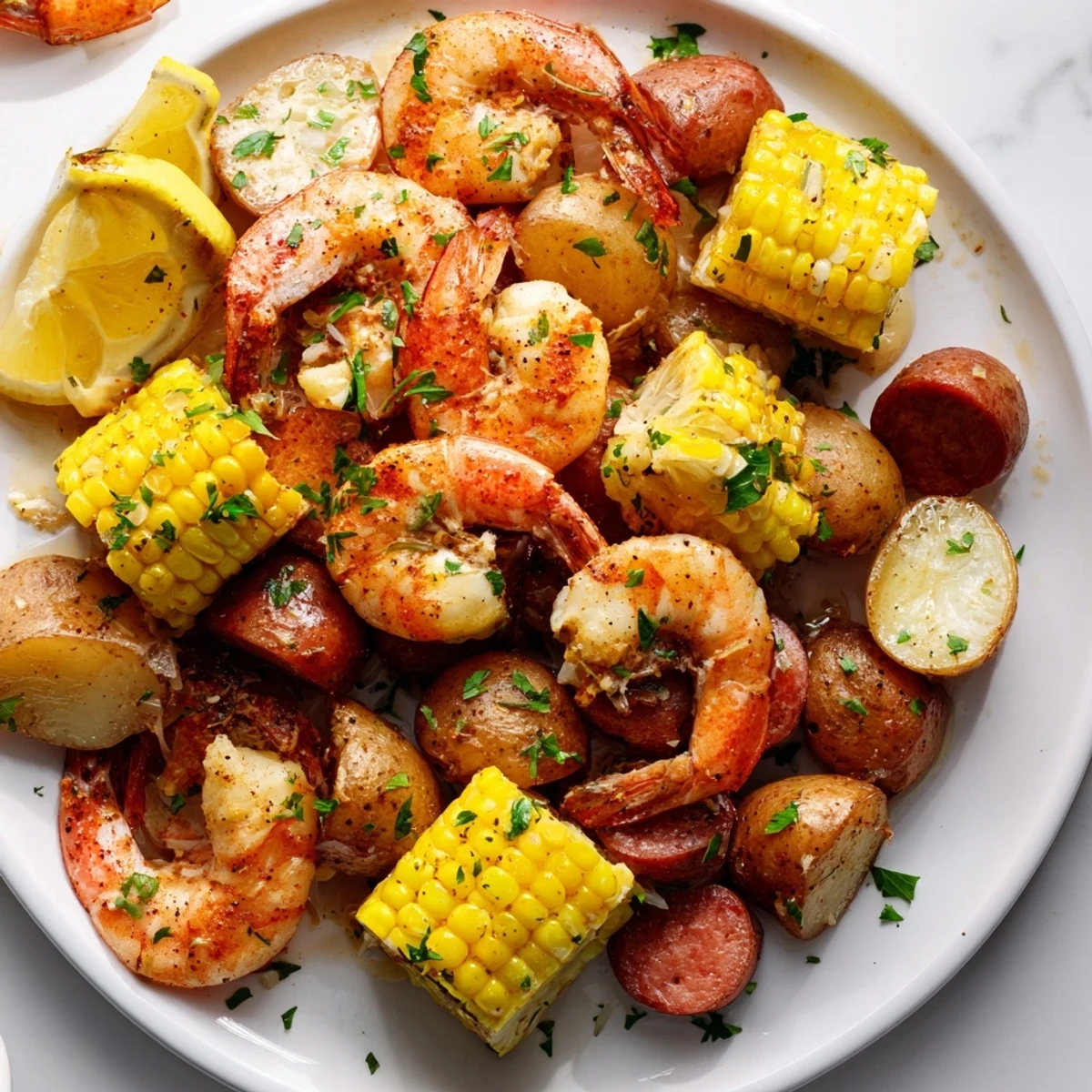 Steaming Cajun Shrimp Boil with corn and potatoes on a platter with melted butter and lemon wedges.