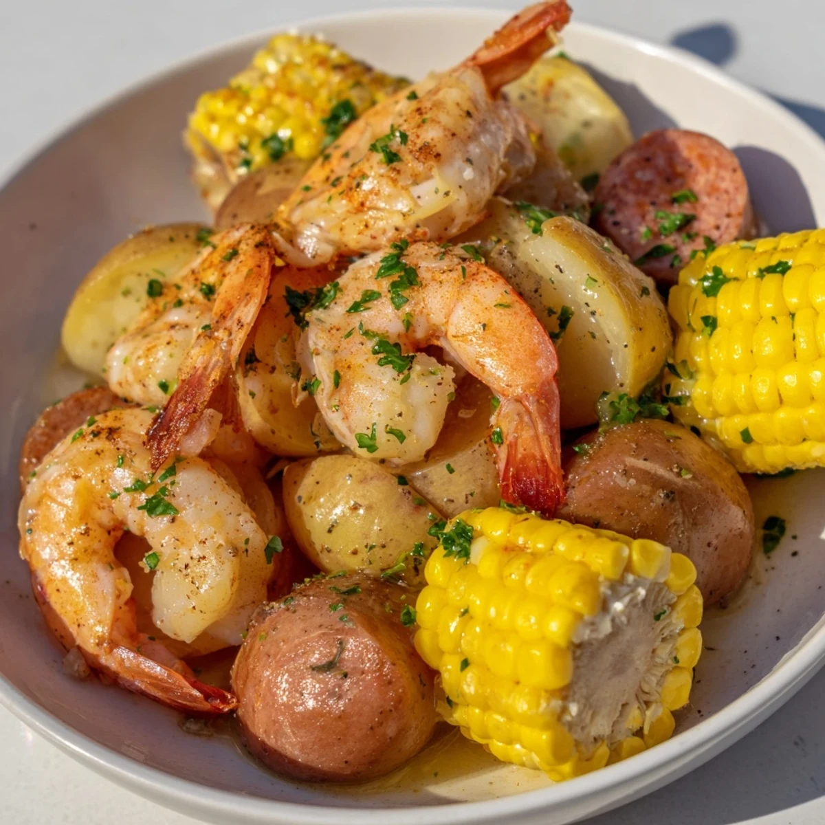 Hearty Southern Cajun Shrimp Boil with spicy sausage, corn, and baby potatoes served family-style.
