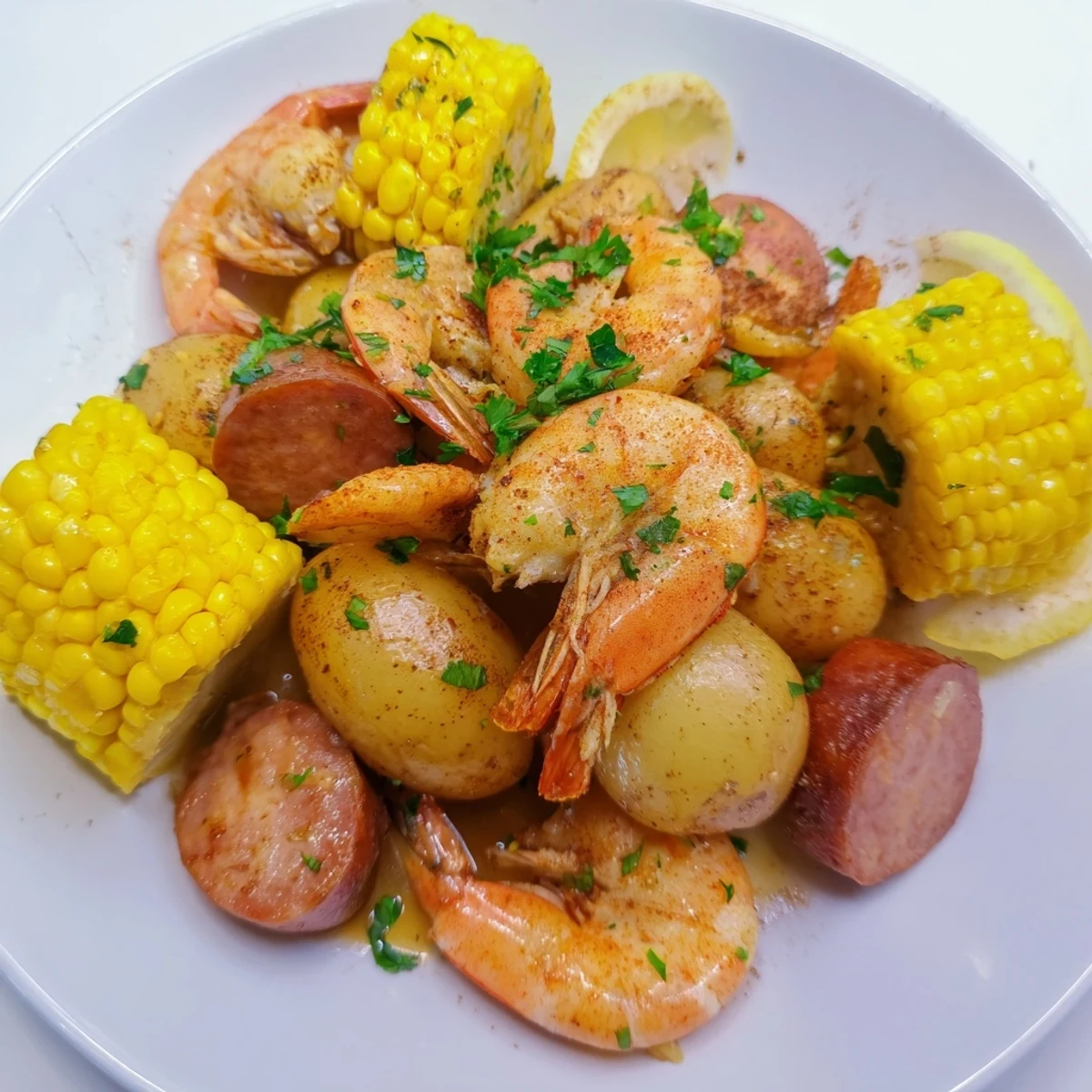 Platter of Cajun Shrimp Boil featuring pink shrimp, sweet corn, and potatoes for sharing.