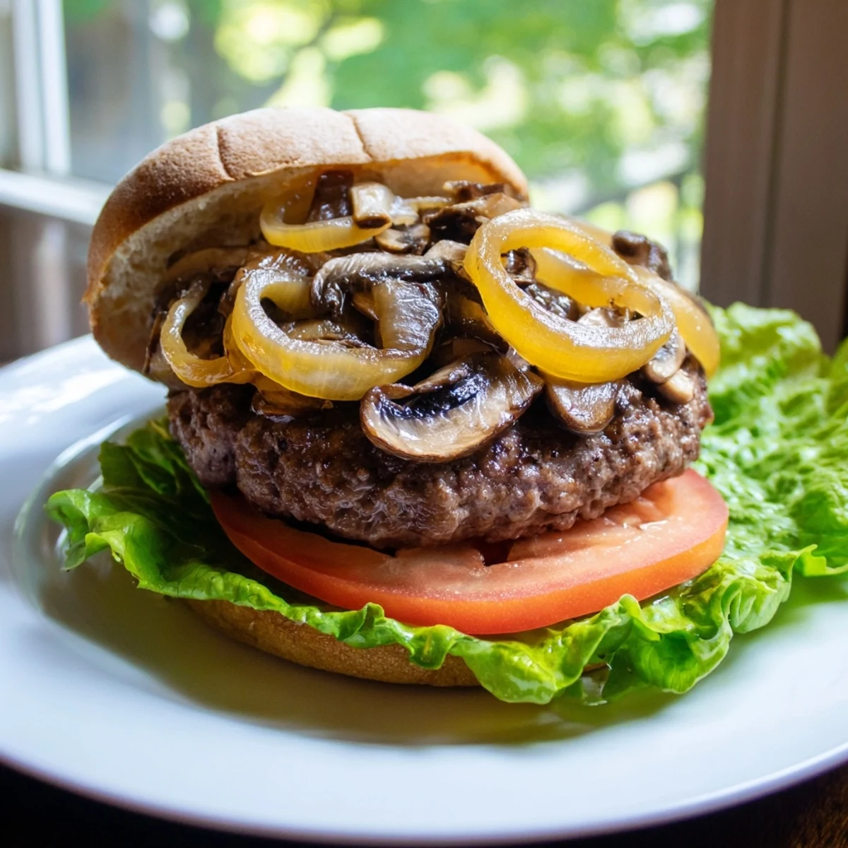 Close-up of a juicy Beef Burger with Caramelized Onions and Mushrooms on a toasted sesame bun, served with crispy fries.