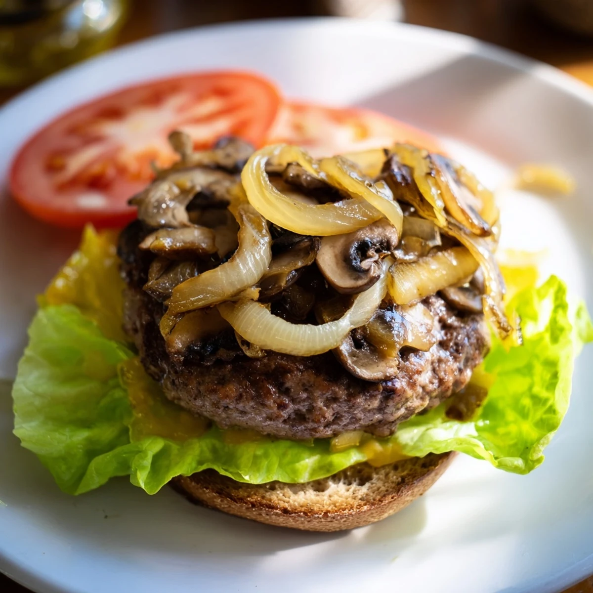 A delicious homemade Beef Burger with Caramelized Onions and Mushrooms melting with Swiss cheese on a soft brioche bun.
