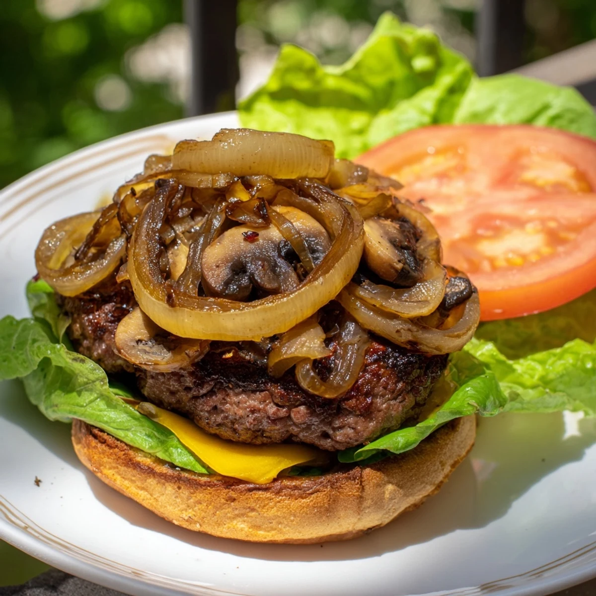 Thick beef patty loaded with savory mushrooms and sweet onions, making a perfect Beef Burger with Caramelized Onions and Mushrooms.