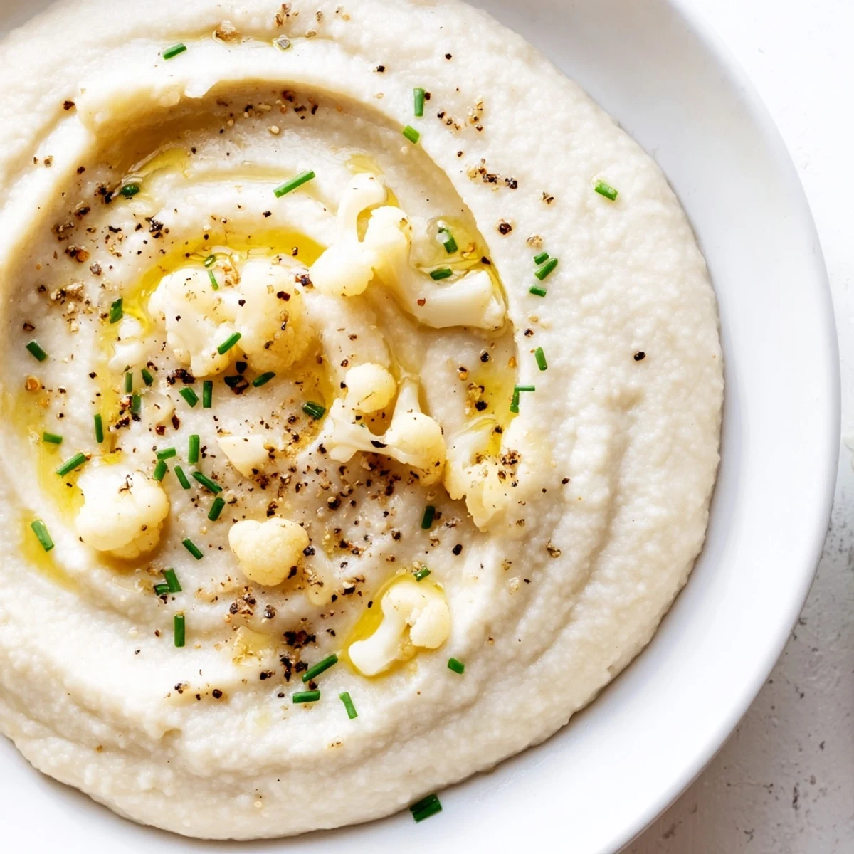 Creamy roasted garlic mashed cauliflower garnished with fresh chives in a white serving bowl.