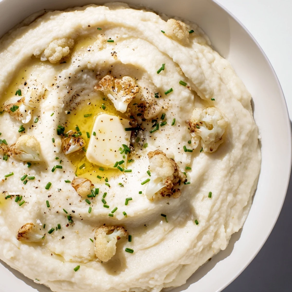 Golden roasted garlic mashed cauliflower with buttery texture on a rustic wooden table.