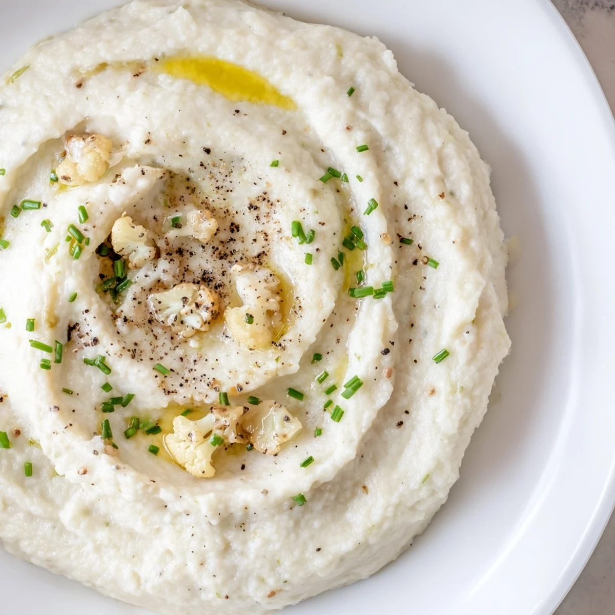 Roasted garlic mashed cauliflower served hot next to grilled chicken and herbs.