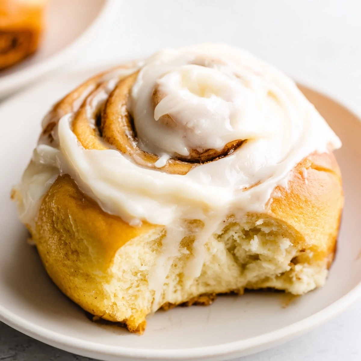 Fluffy keto cinnamon buns with cream cheese icing on a white plate, ready to serve.