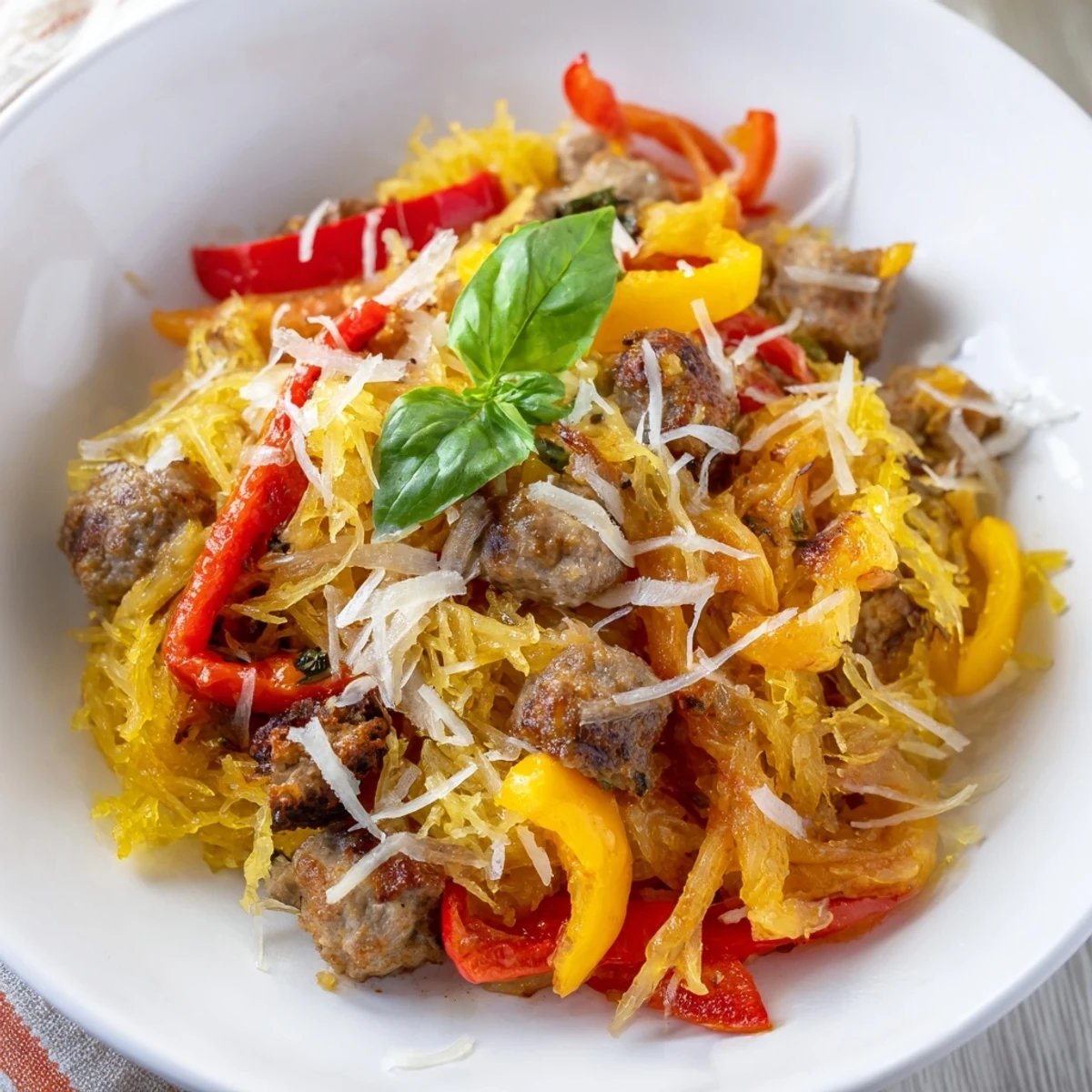 Golden roasted spaghetti squash strands mix with savory Italian sausage, sweet bell peppers, and marinara sauce topped with melted mozzarella in this casserole.