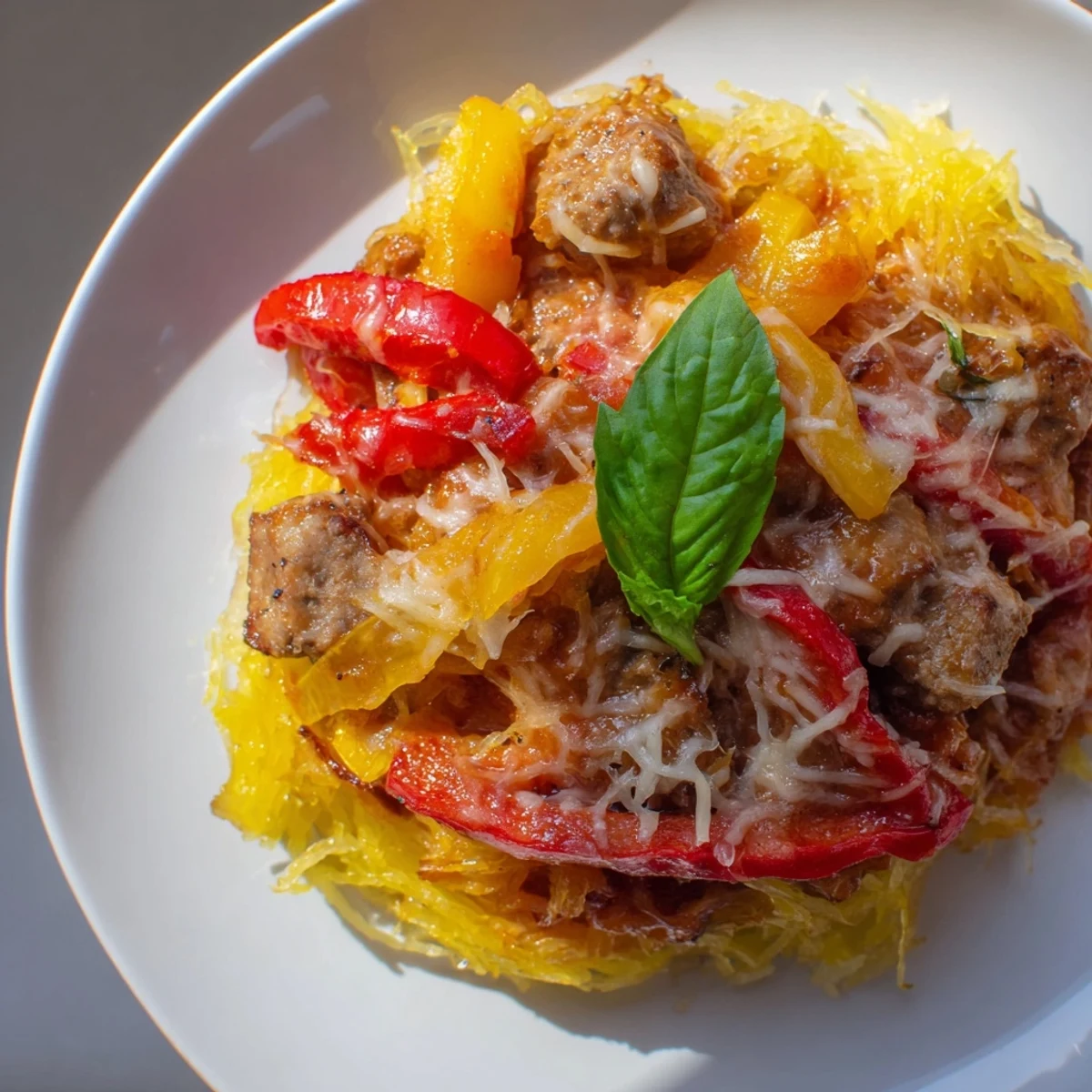 Fork-tender spaghetti squash serves as the base for a hearty low-carb sausage and peppers casserole baked to bubbly perfection.