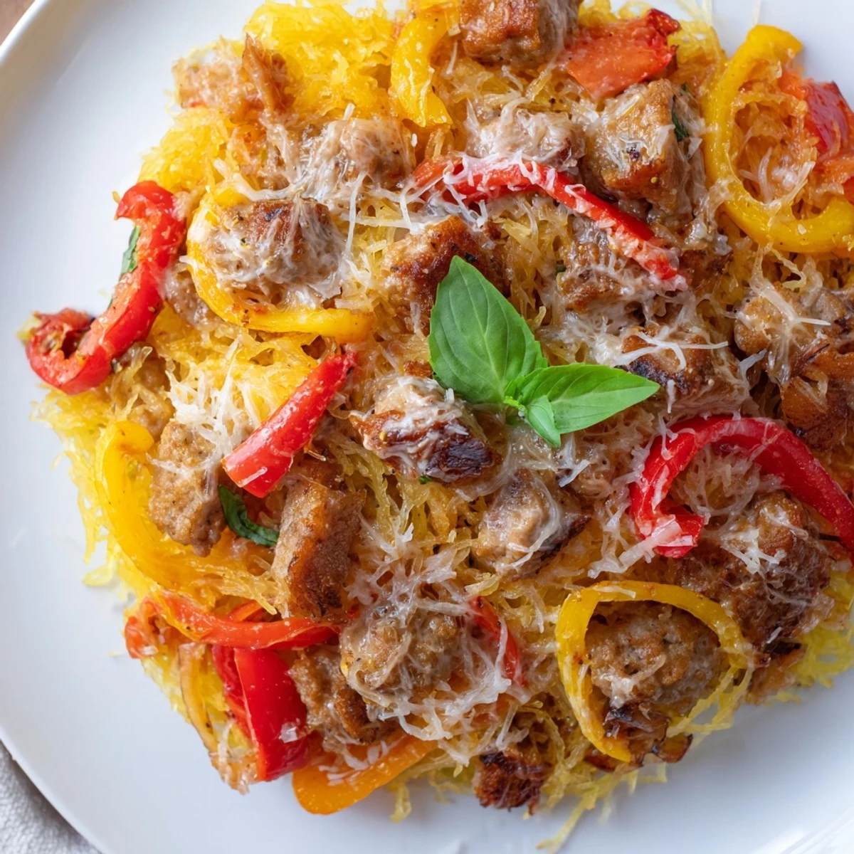 A baked Italian-American casserole featuring spaghetti squash, crumbled sausage, colorful peppers, and a rich tomato sauce under a golden cheese crust.