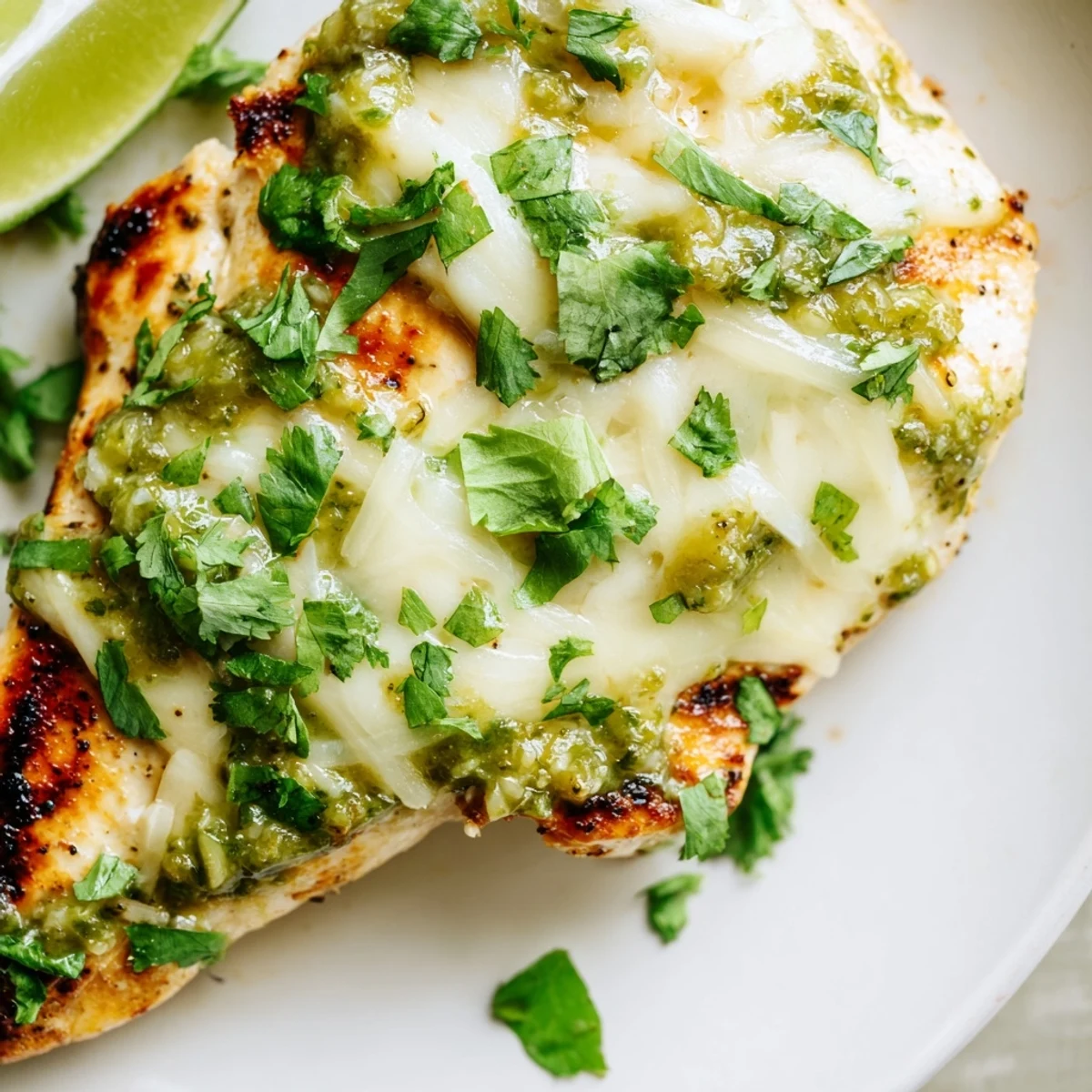 Juicy grilled chicken breasts topped with zesty salsa verde and melted pepper jack cheese for a vibrant Tex-Mex dinner.  