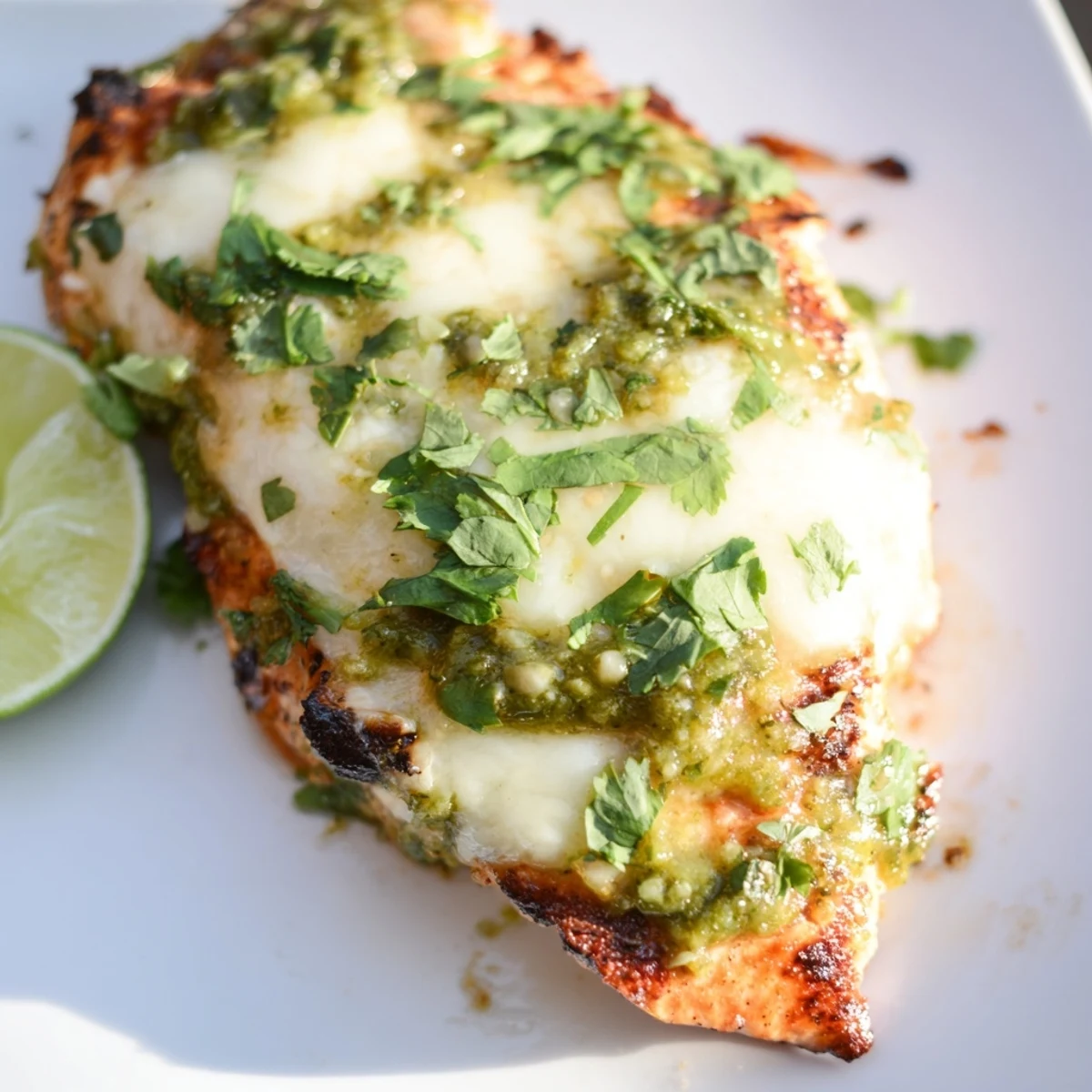 Close-up of Grilled Salsa Verde Pepper Jack Chicken resting on a platter with fresh cilantro and lime wedges.  