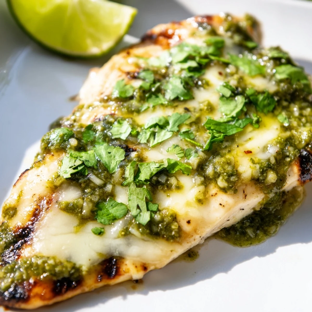 Golden-brown Grilled Salsa Verde Pepper Jack Chicken served with avocado slices on a rustic summer patio table.