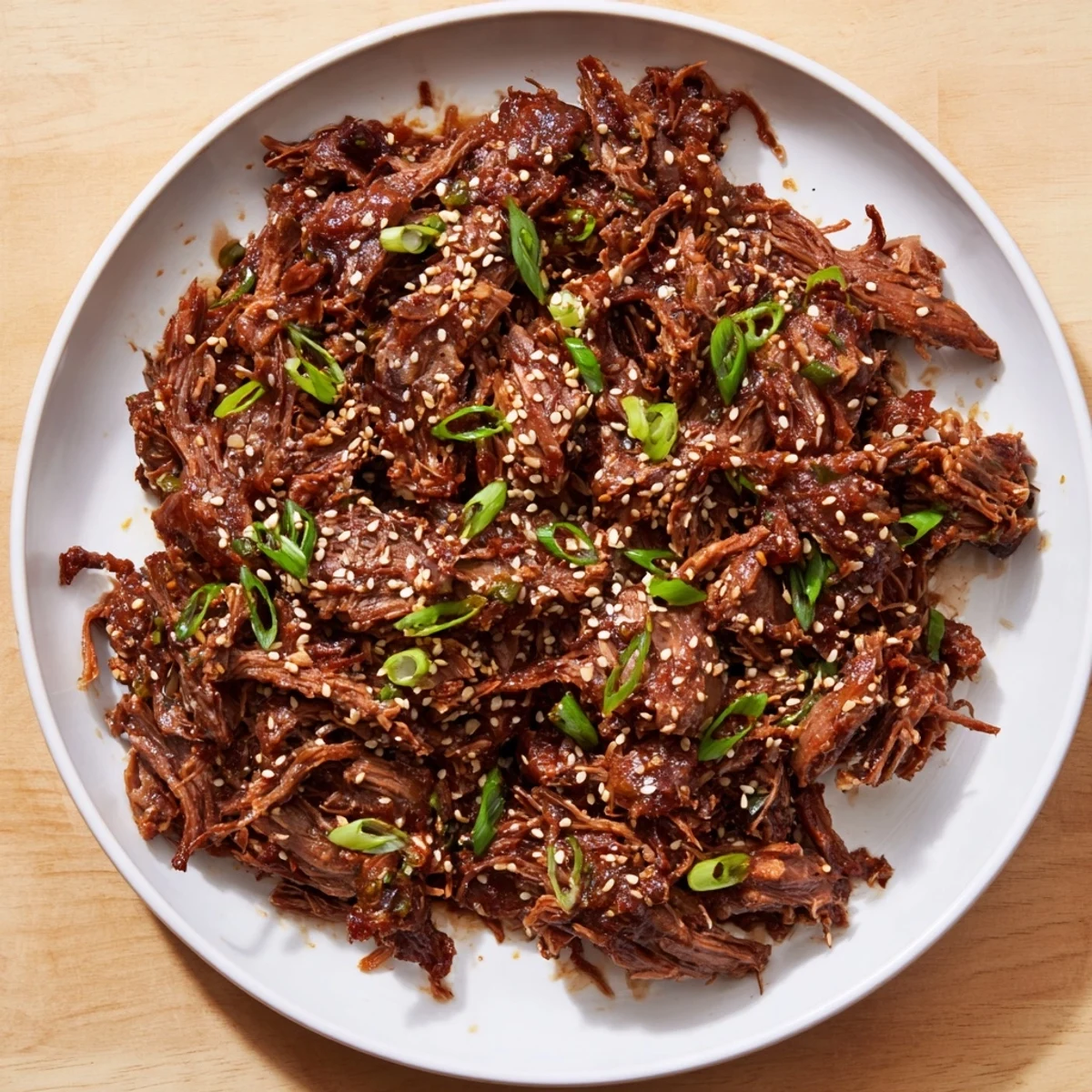 Slow-cooked Korean Beef simmering in a savory, glossy sauce, garnished with green onions and sesame seeds on a serving platter.