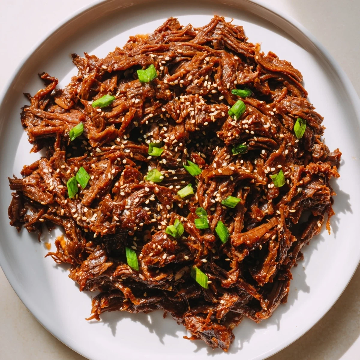 Family-style Slow Cooker Korean Beef served in a bowl with lettuce wraps, red chili slices, and extra sesame seeds for garnish.