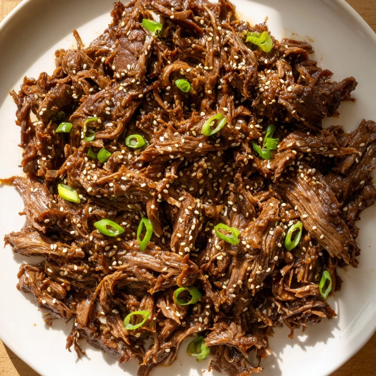 Tender Slow Cooker Korean Beef shredded and piled onto steamed jasmine rice, topped with fresh scallions and sesame for a hearty dinner.