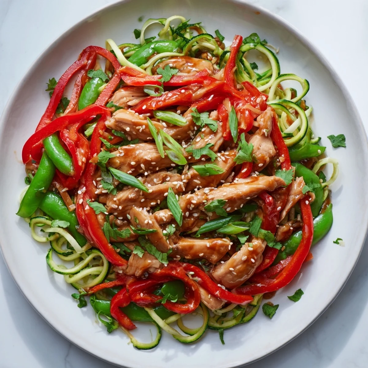 A close-up of Garlic Chicken Zucchini Noodles Stir Fry with tender chicken and bright veggies in a glossy sauce.  