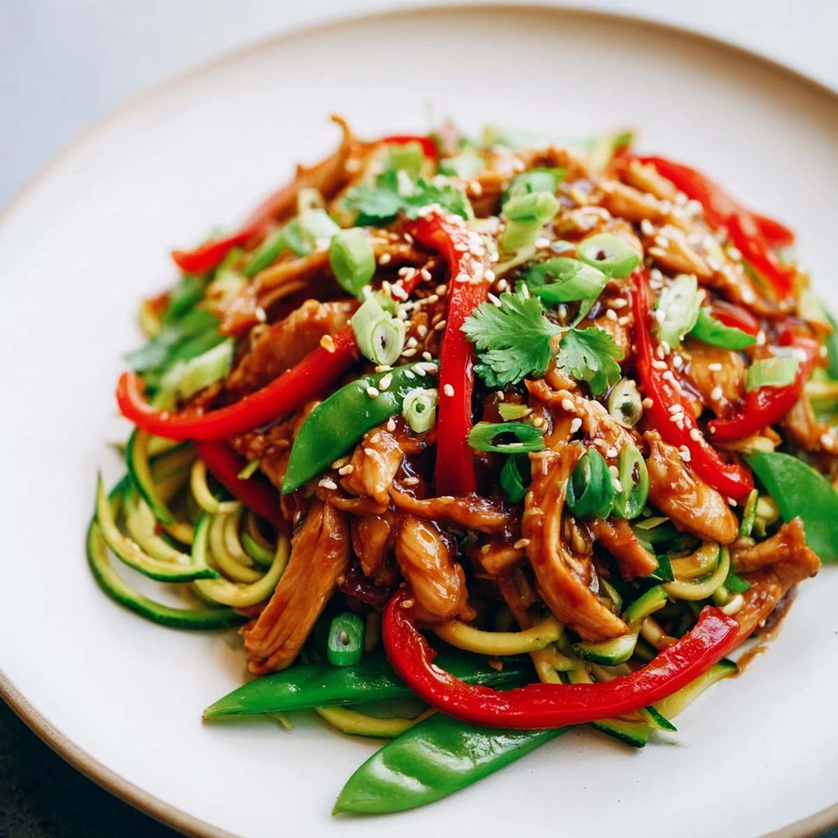 Garlic Chicken Zucchini Noodles Stir Fry plated with steamed rice and a sprinkle of fresh cilantro.  